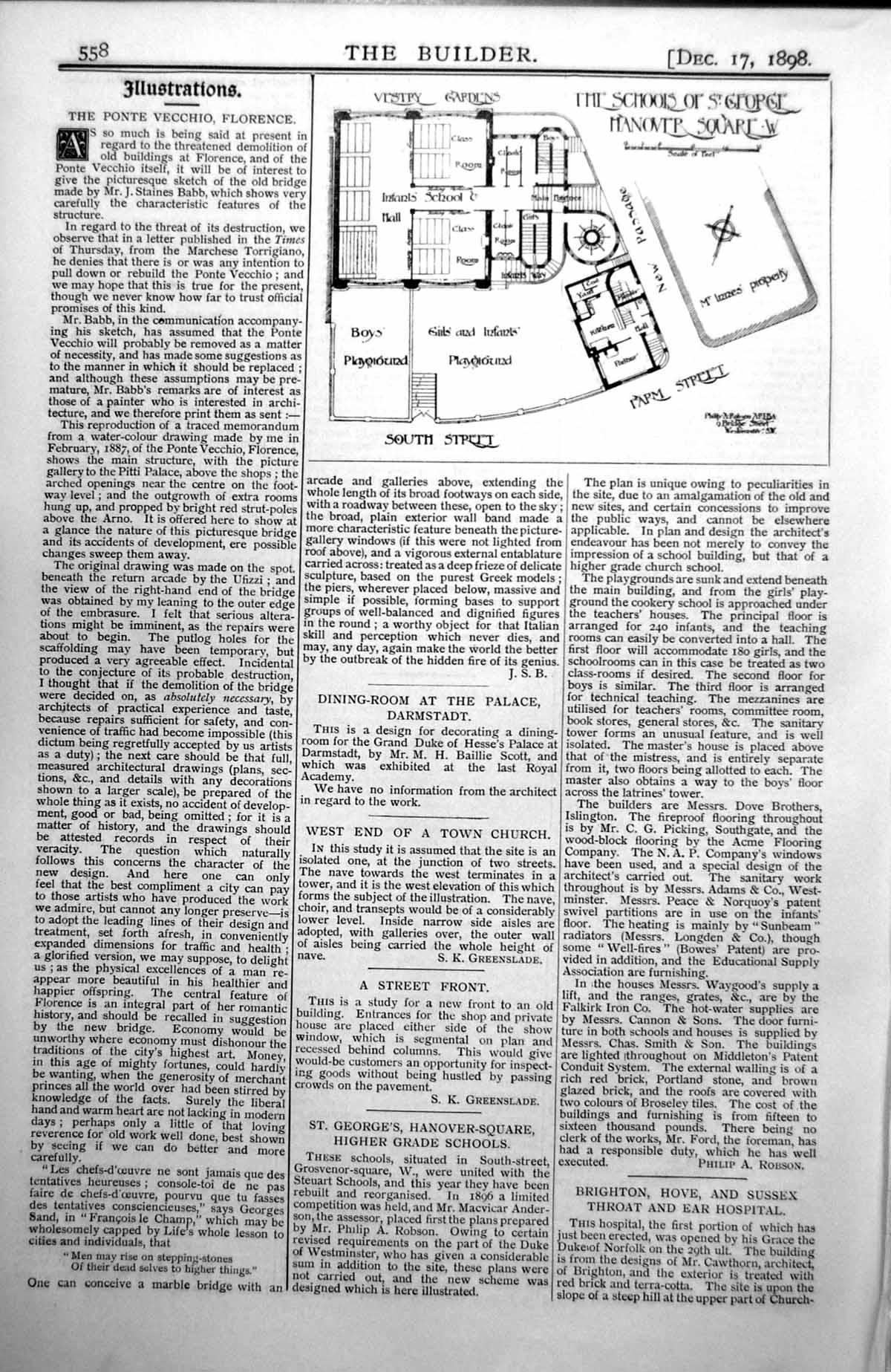 Original Old Antique Print Higher Grade Schools St. George Hanover Square 1898