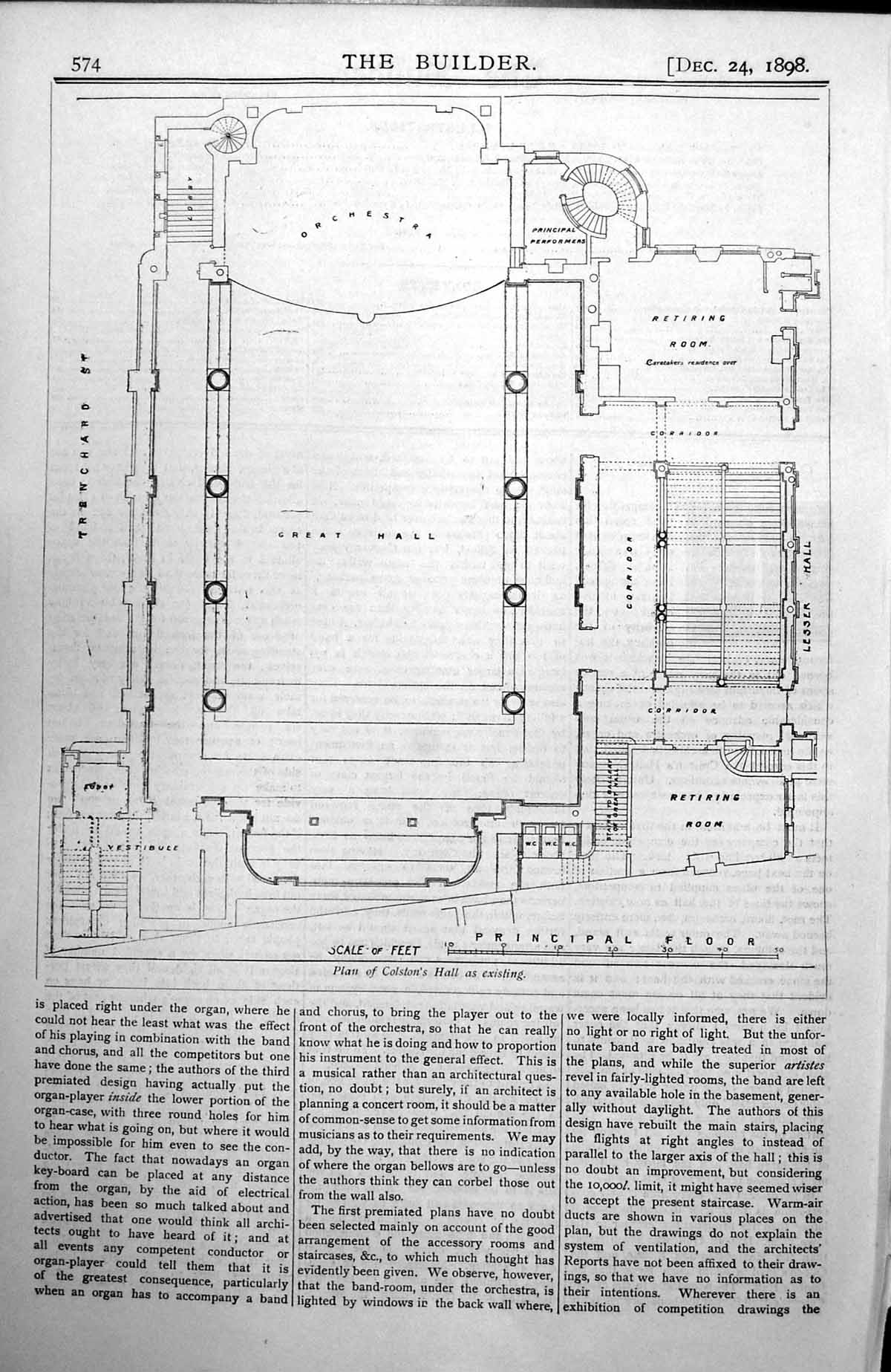 Antique Print Plan Calston'S Hall As Existing Orchestra Retiring Room 1898 19th