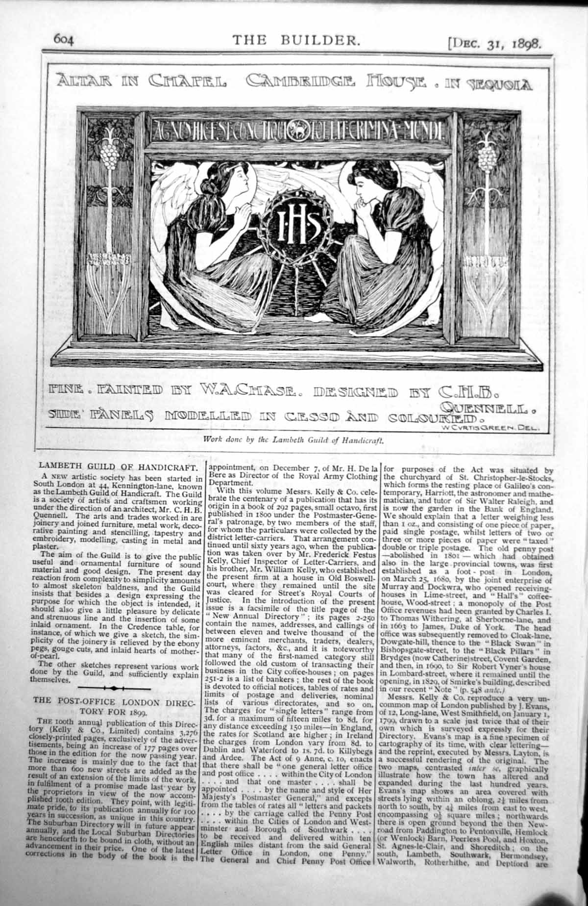 Old Print Altar Chapel Cambridge House Sequoia Designed Chb Quennell 1898 19th