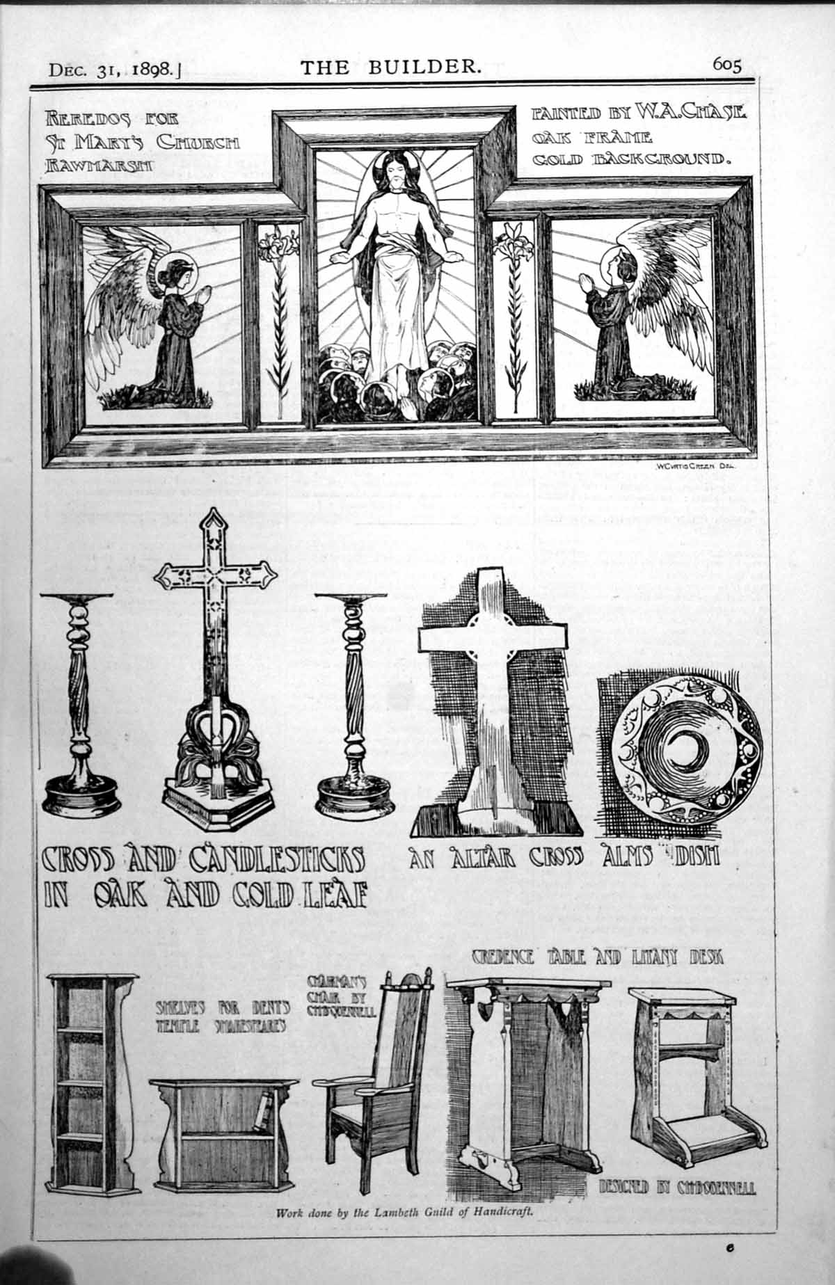 Old Print Reredos St Marys Church Rawmarsh Lambeth Guild Handicraft 1898 19th