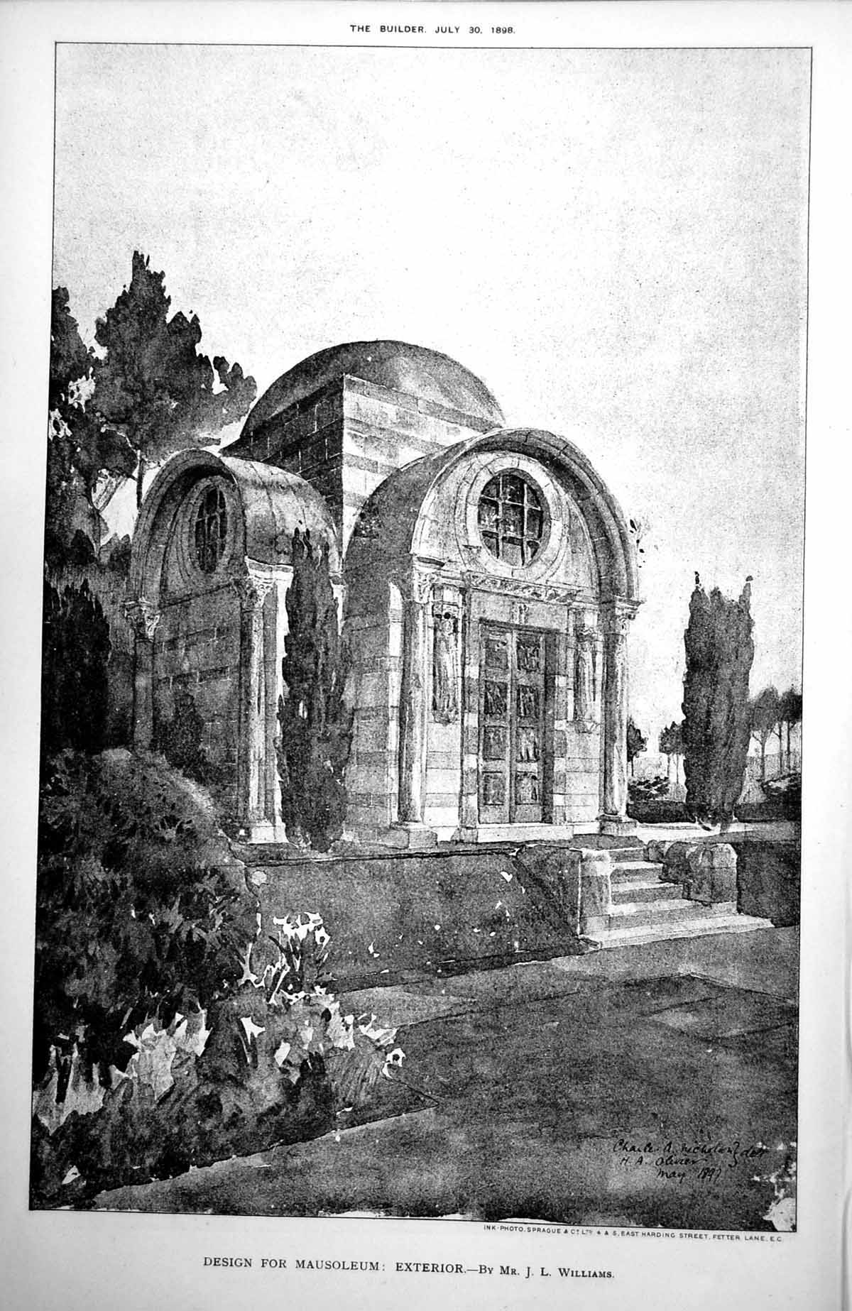 Antique Print Design For Mausoleum Exterior Mr Jl Williams Steps Trees 1898