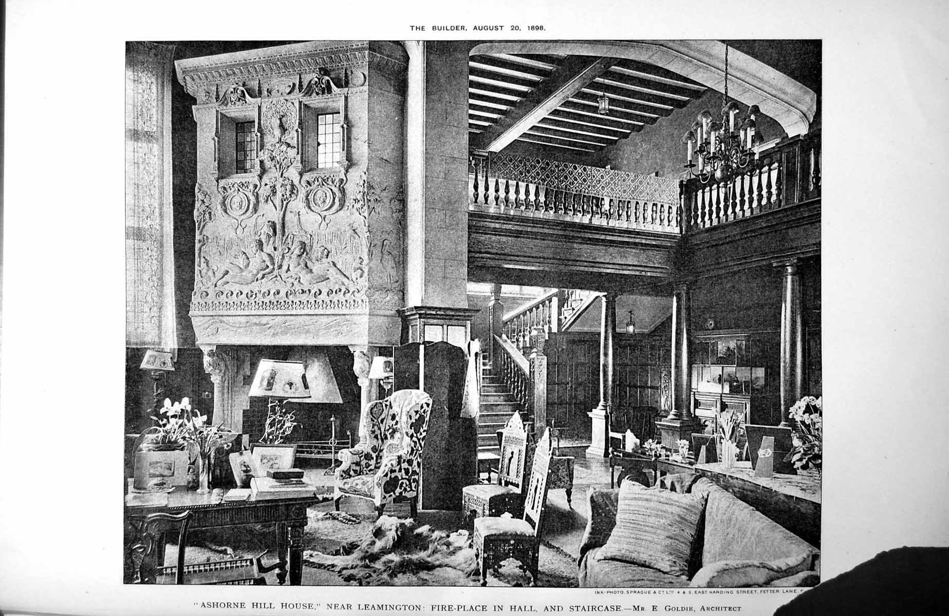 Antique Old Print Damaged Ashorne Hill House Near Leamington Fire Place 1898