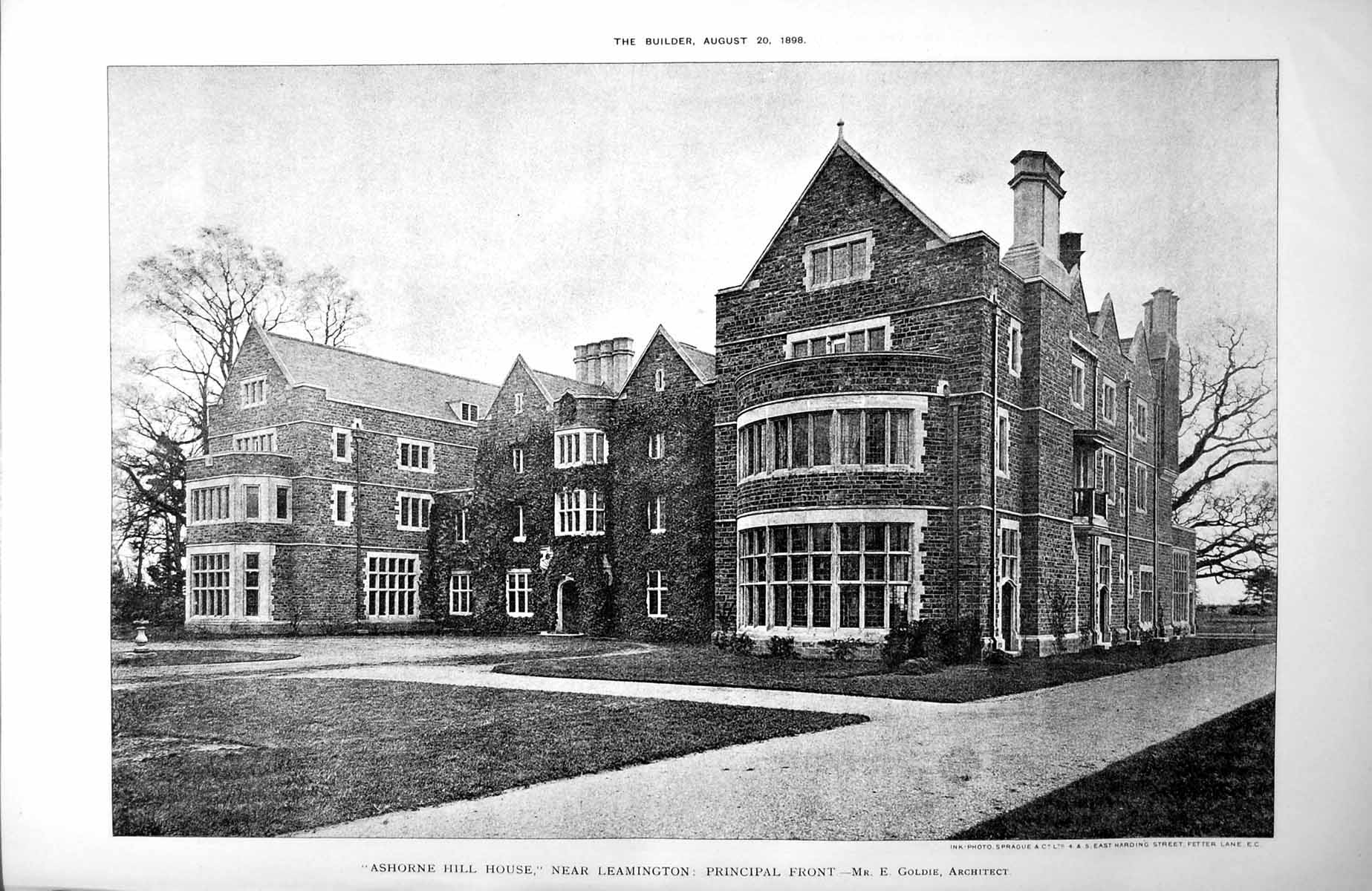 Antique Print Ashorne Hill House Near Leamington Principal Front E Gie 1898