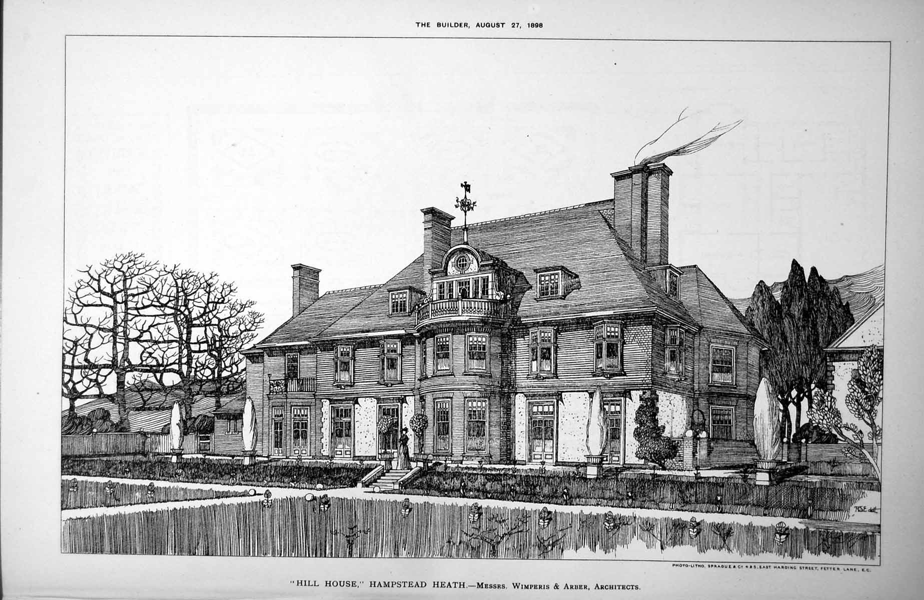 Antique Old Print Hill House Hampstead Heath Wimperis Arber Architects 1898