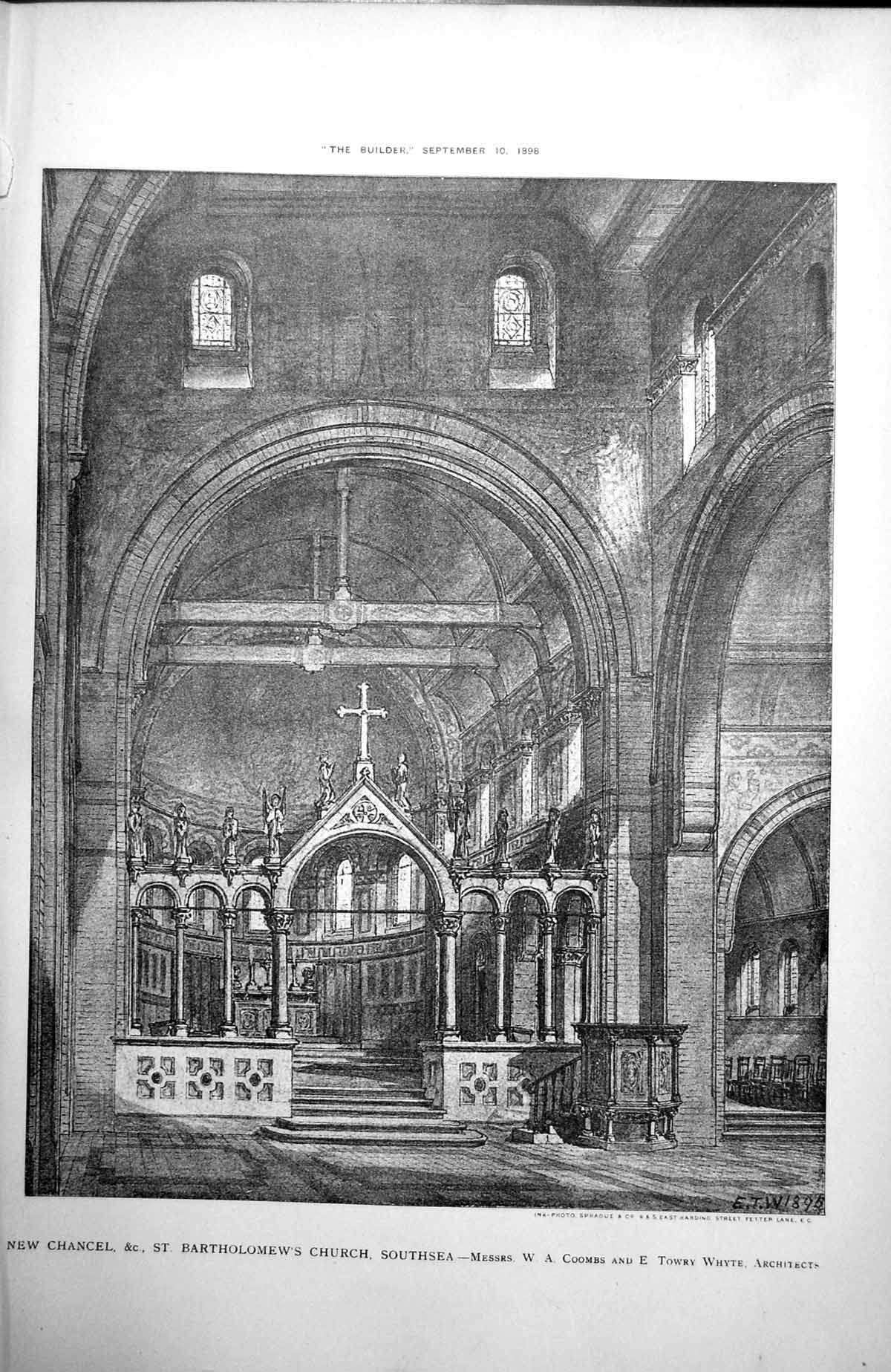 Old Antique Print New Chancel St Bartholemews Church Southsea Coombs 1898 19th