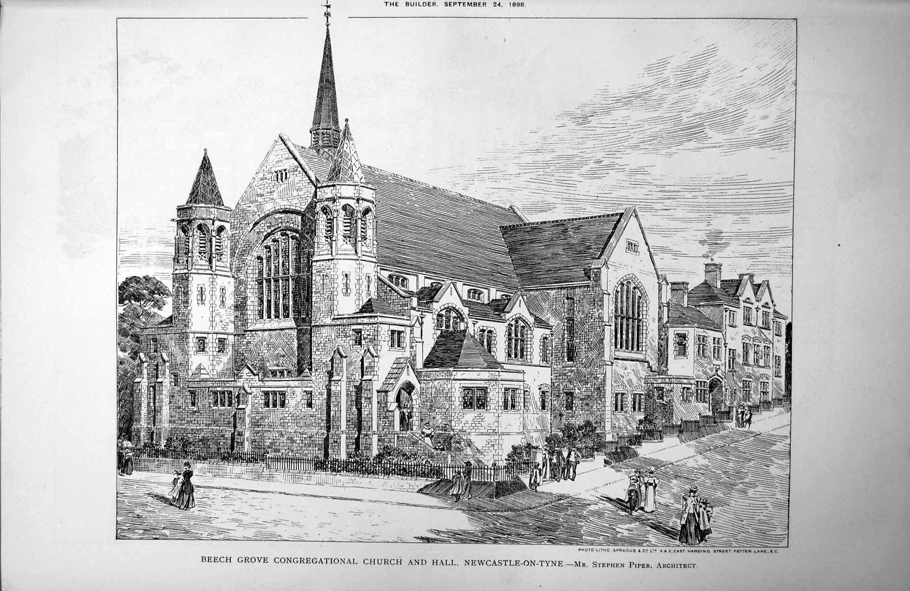 Antique Old Print Beech Grove Congregational Church Newcastle-Upon-Tyne 1898