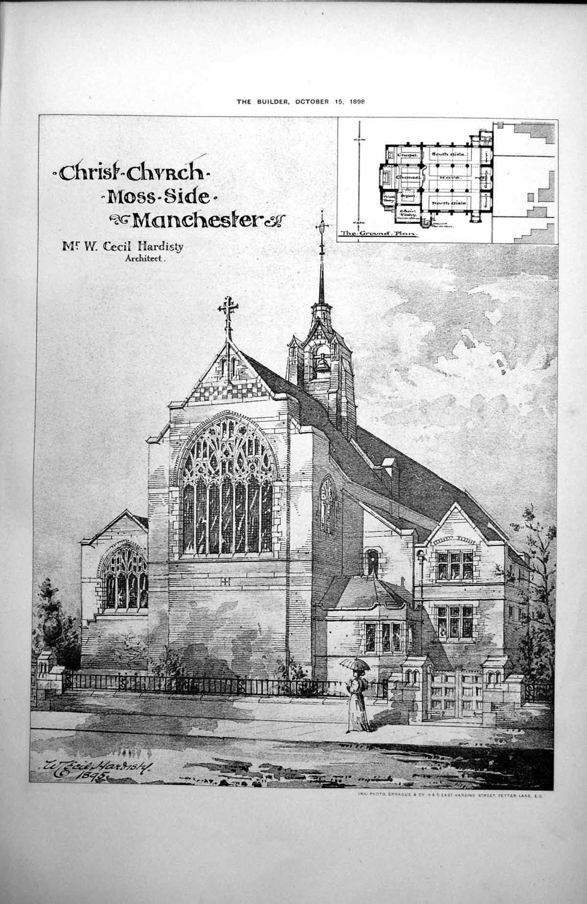 Antique Print Christ Church Moss-Side Manchester Mr W Cecil Hardy Arch 1898