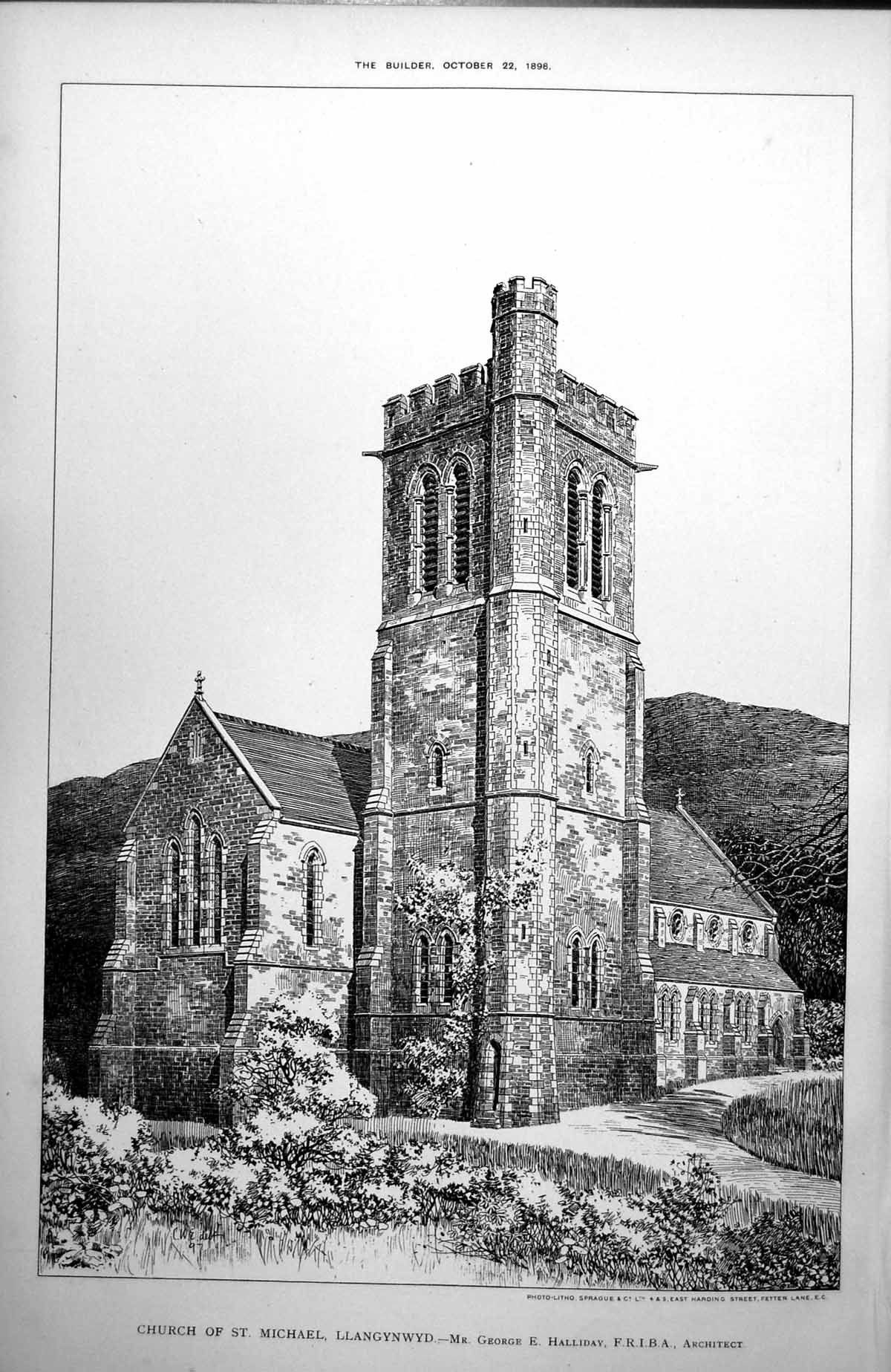 Antique Old Print Church St Michael Llangynwyd George E Halliday Arch 1898 19th