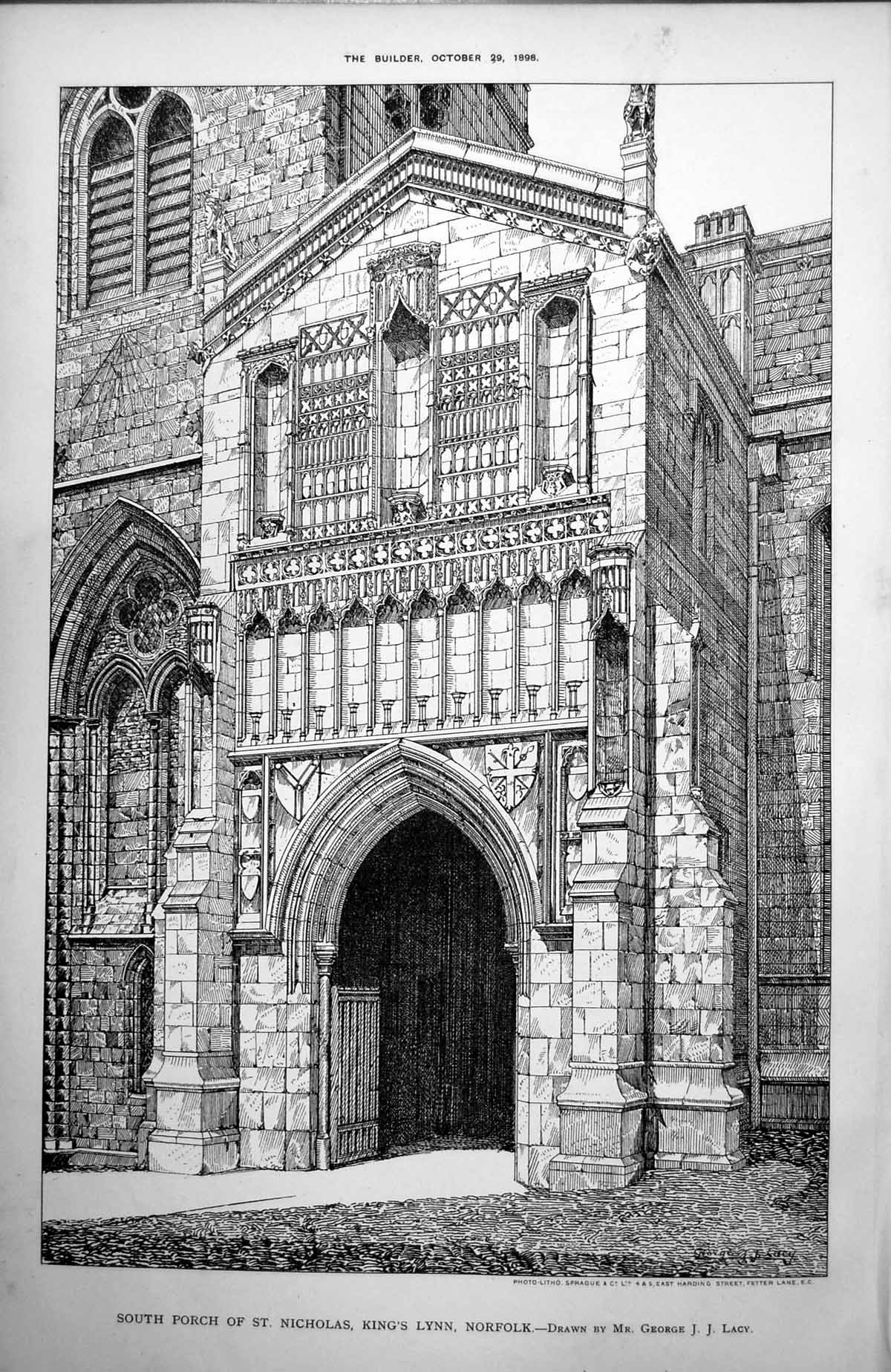 Antique Old Print South Porch St Nicholas King'S Lynn Norfolk Gjj Lacy 1898