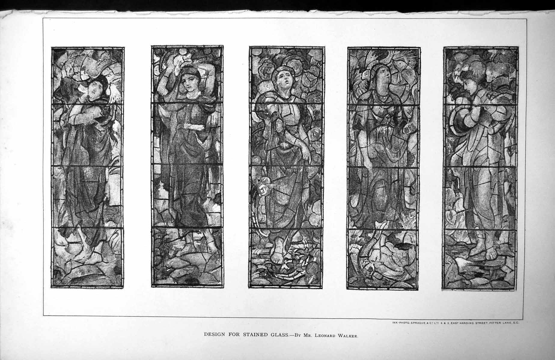 Antique Old Print Design For Stained Glass Mr Leonard Walker Five Panels 1898