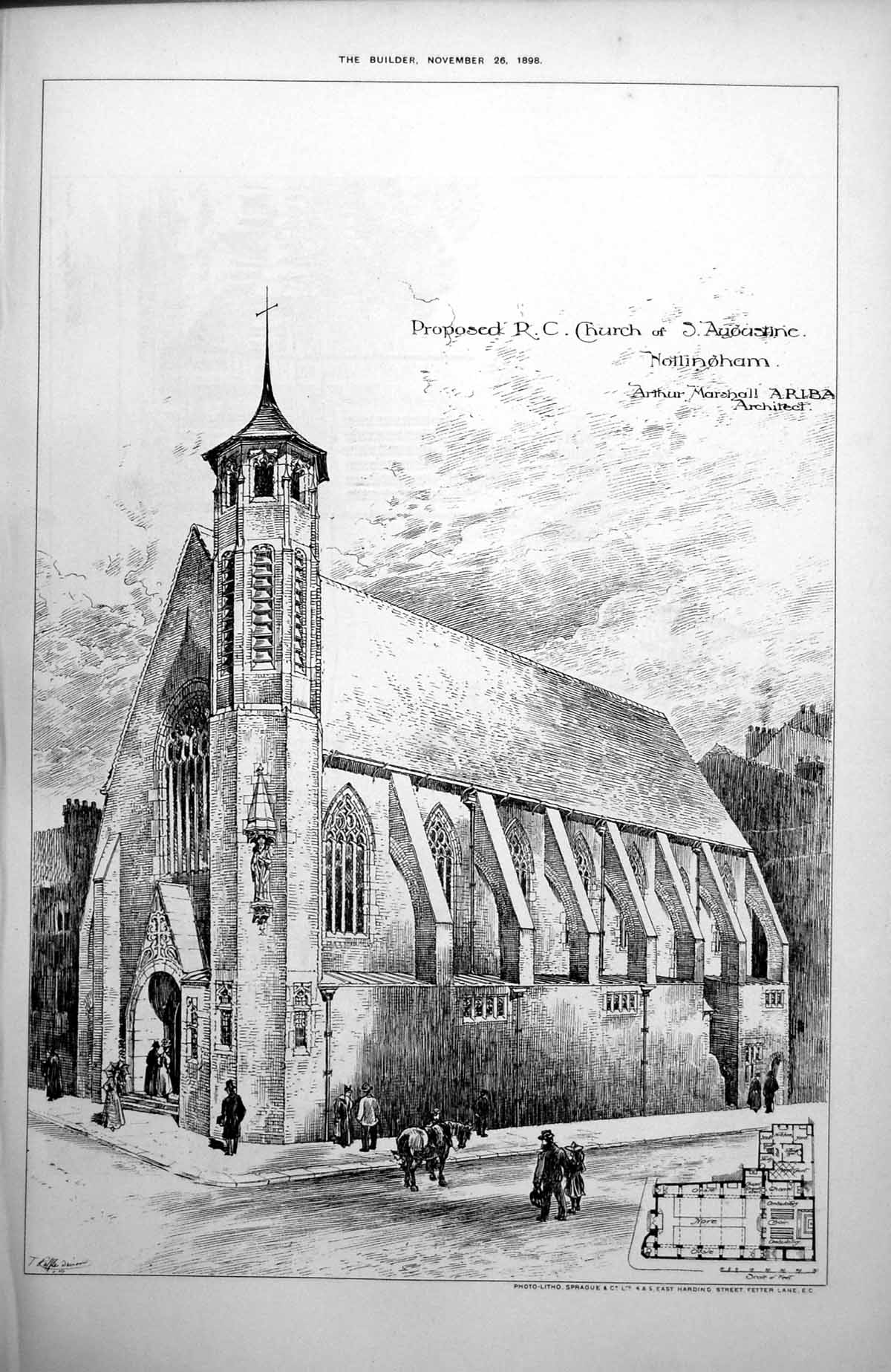 Antique Old Print Proposed R.C. Church Nottingham Arthur Marshall Archt. 1898