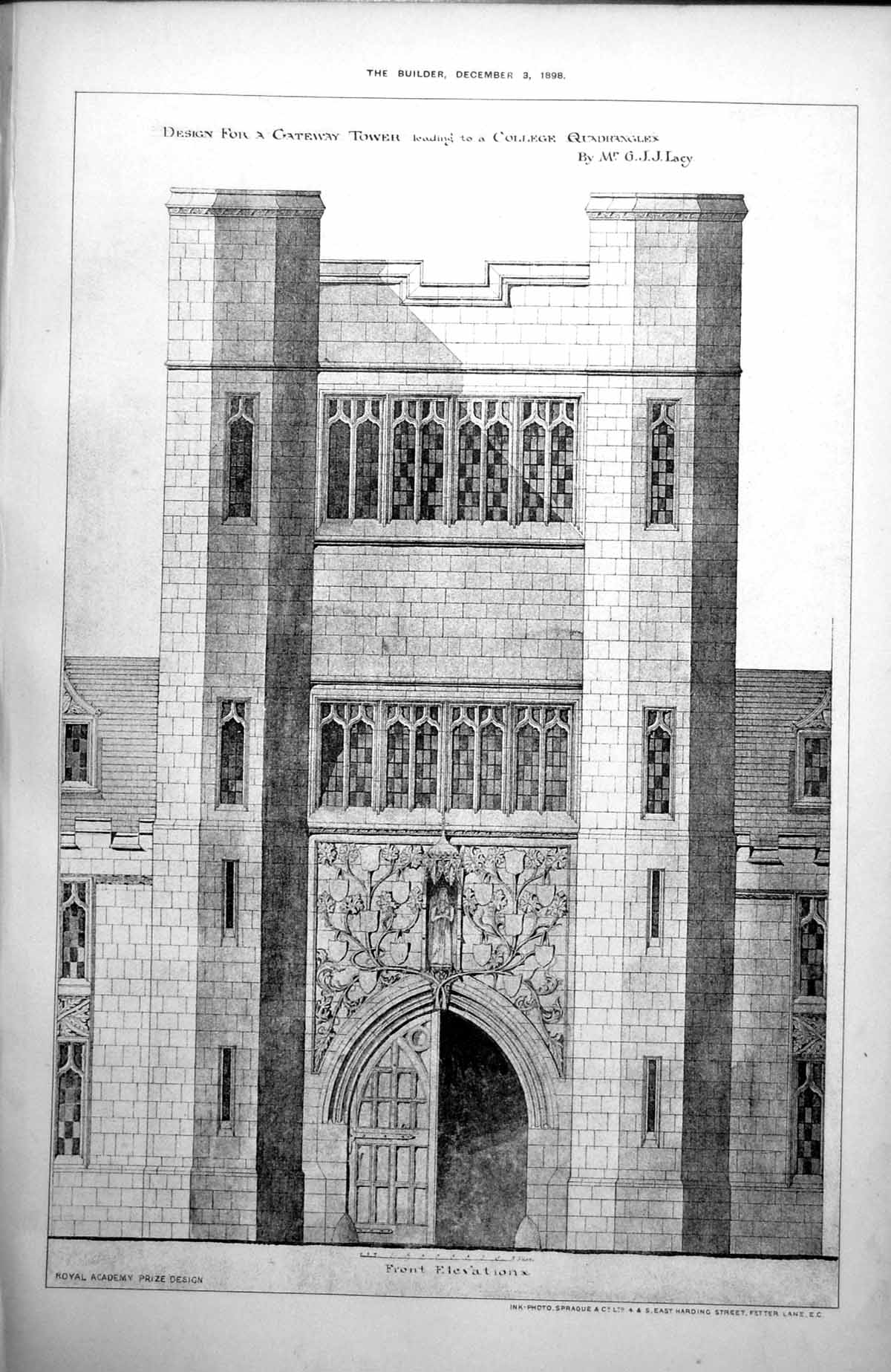 Antique Old Print Design For Gateway Tower Leading To College Quadrangle 1898