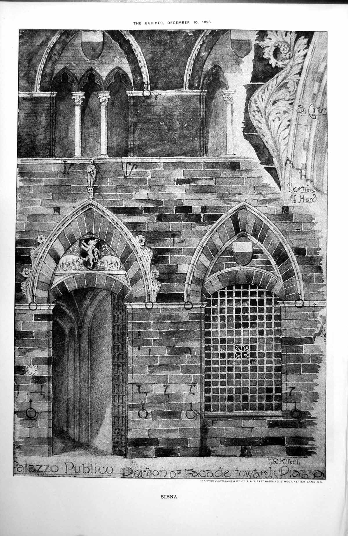 Antique Old Print Palazzo Publico Portion Facade Towards Piazza Siena 1898 19th