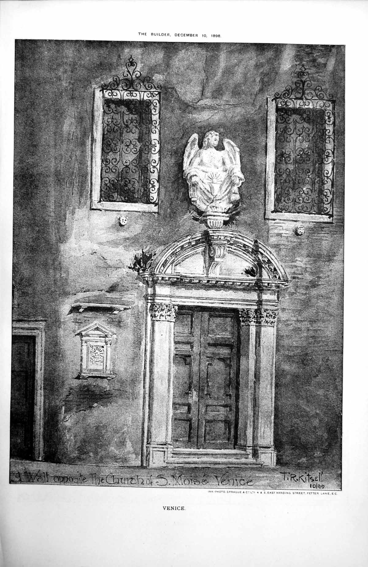 Old Antique Print Wall Opposite Church S. Moise Venice T.R. Kitsell 1898 19th