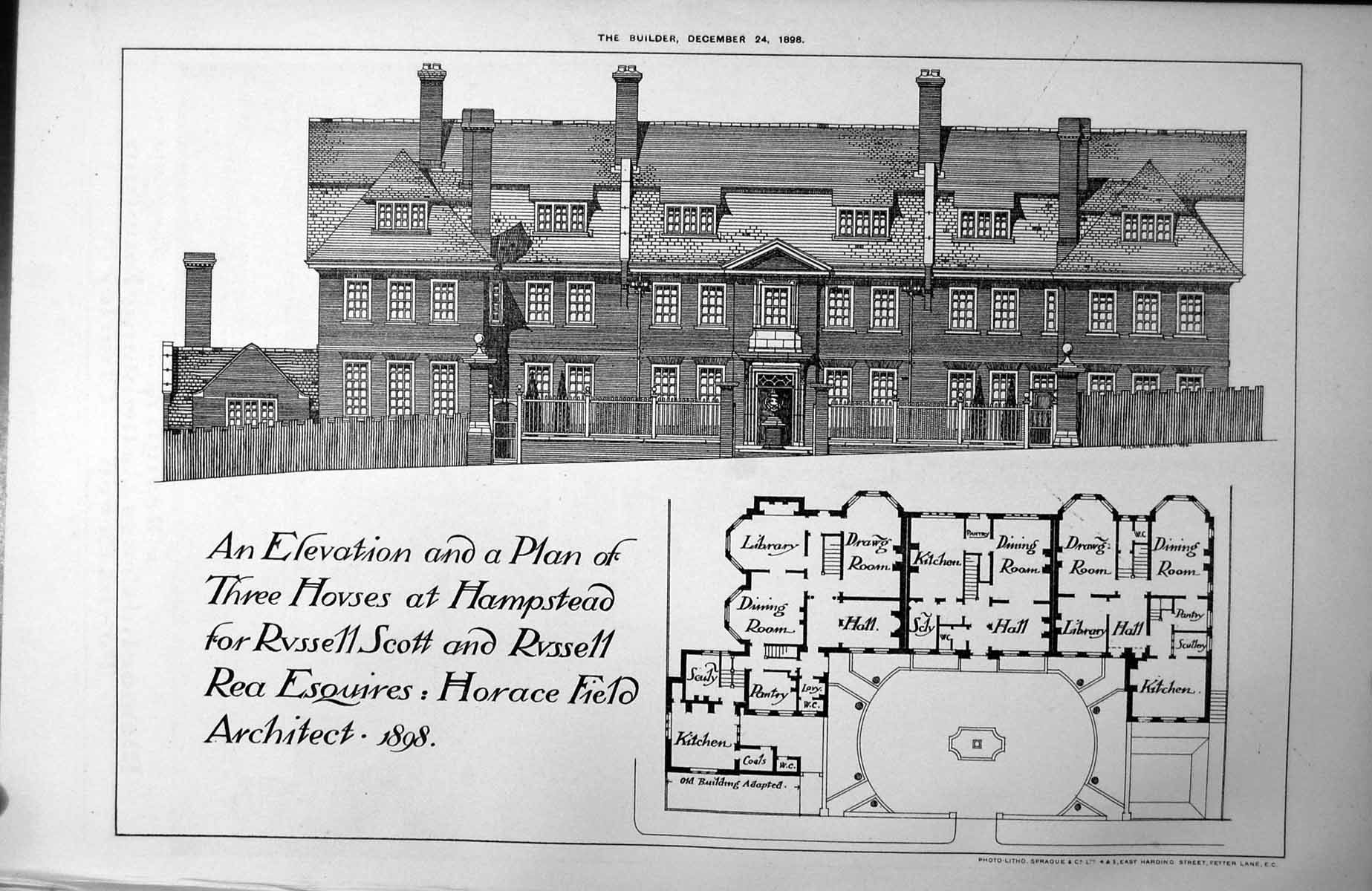 Antique Print Elevation Plan Three Houses Hampstead Horace Field Arct. 1898