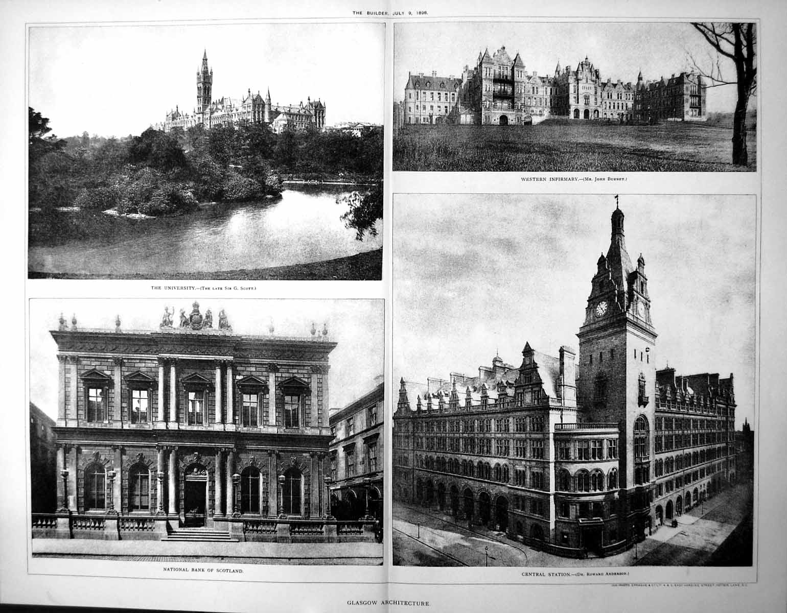 Antique Old Print Glasgow Universitywestern Infirmary Central Station 1898
