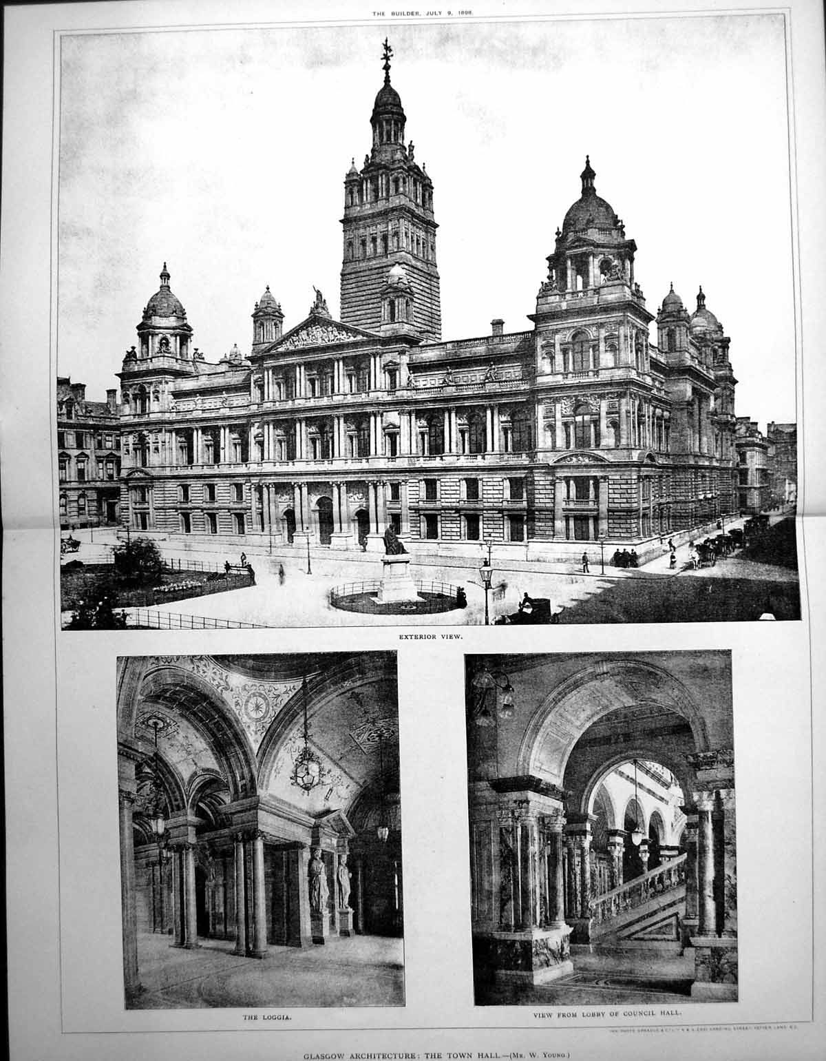 Old Print Glasgow Town Hall Exterior View Loggia From Lobby Council 1898 19th