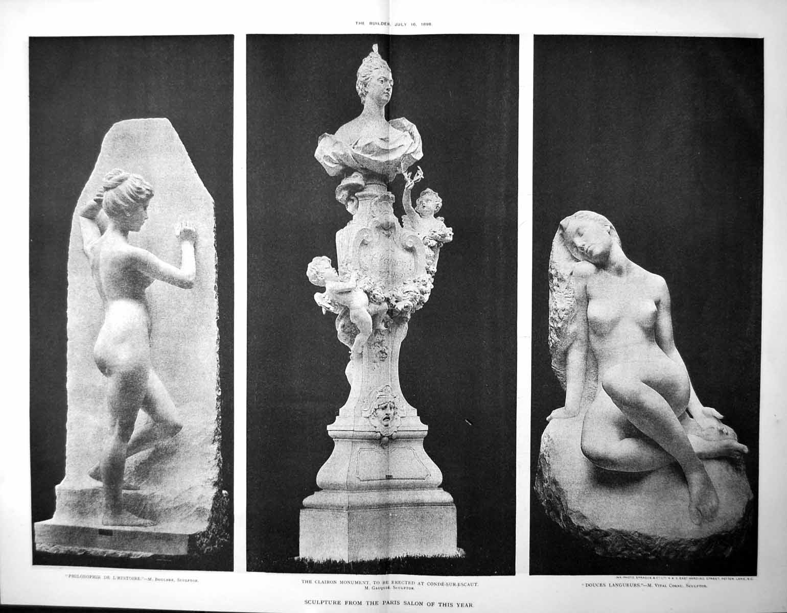 Antique Old Print Scupture Paris Salon Clairon Monument Boucher Gauquie 1898