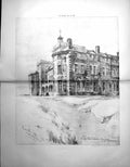 Antique Old Print Seaside Hotel Cornwall Exterior Perspective Drawing 1898