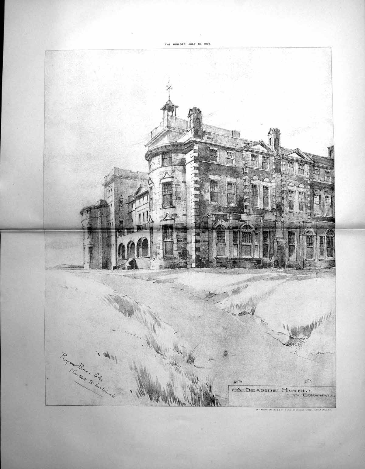 Antique Old Print Seaside Hotel Cornwall Exterior Perspective Drawing 1898