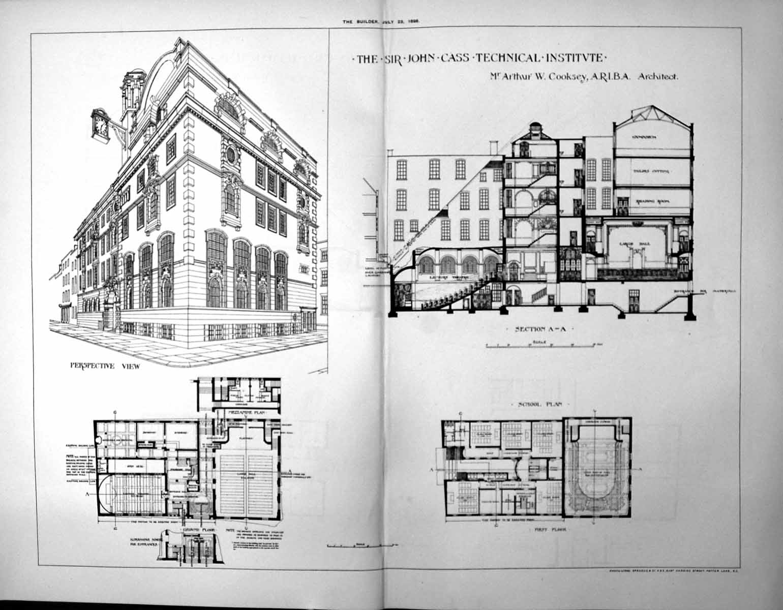 Old Sir John Cass Technical Institute Perspective Section Plan 1898Victorian