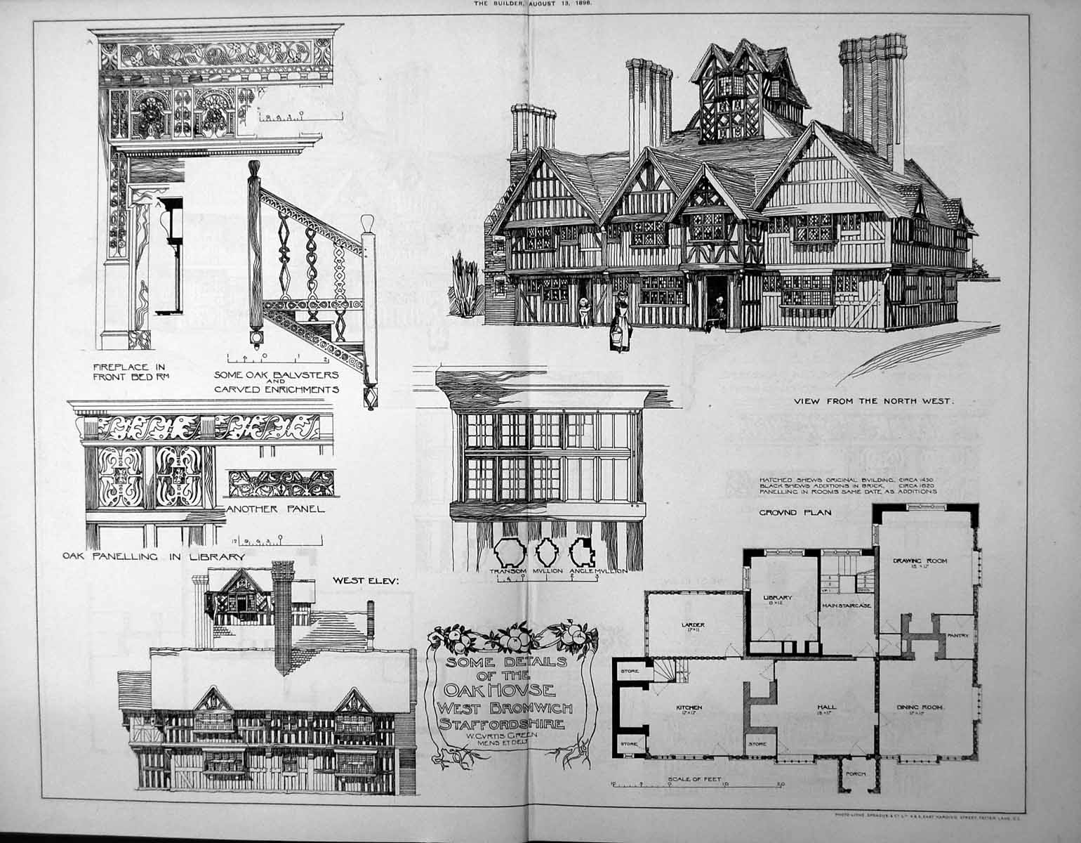 Antique Old Print Details Oak House West Bromwich Staffordshire Plan 1898 19th