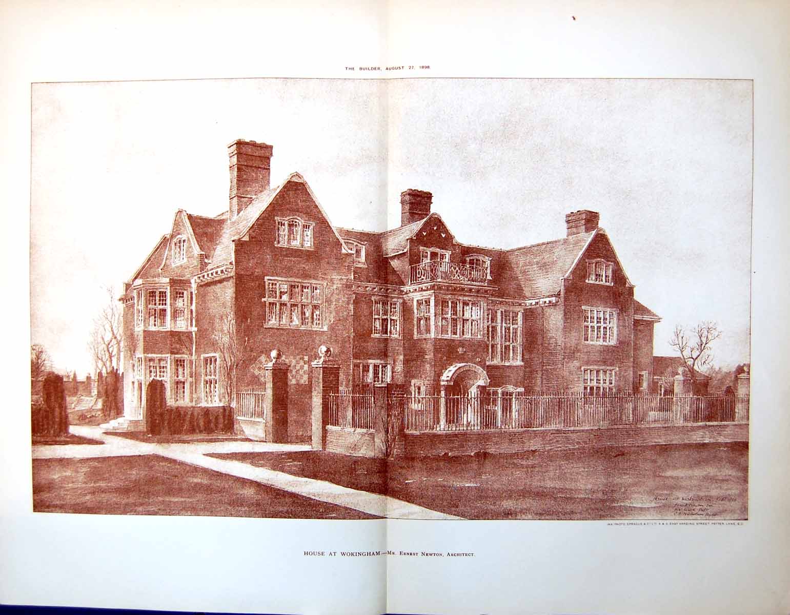 Antique Old Print House At Wokingham Exterior View E Newton Architect 1898