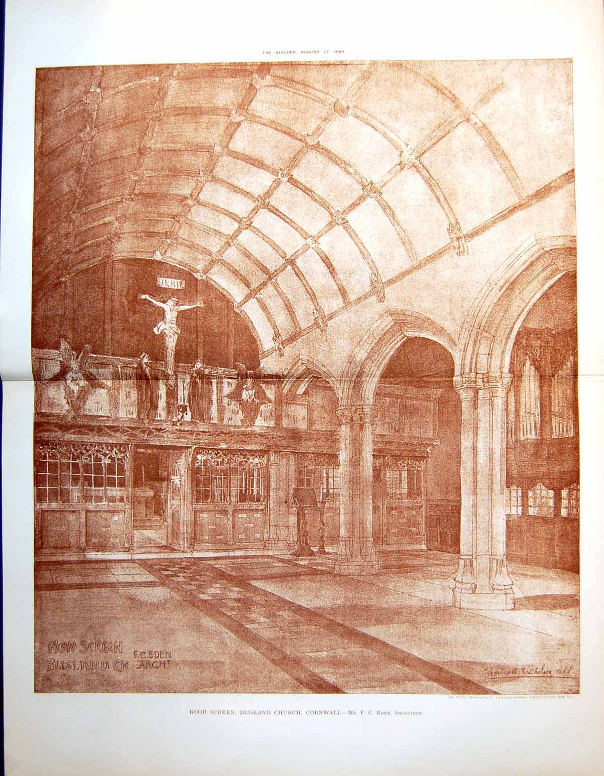 Antique Print Rood Screen Blisland Church Cornwall Fc Eden Architect 1898 19th