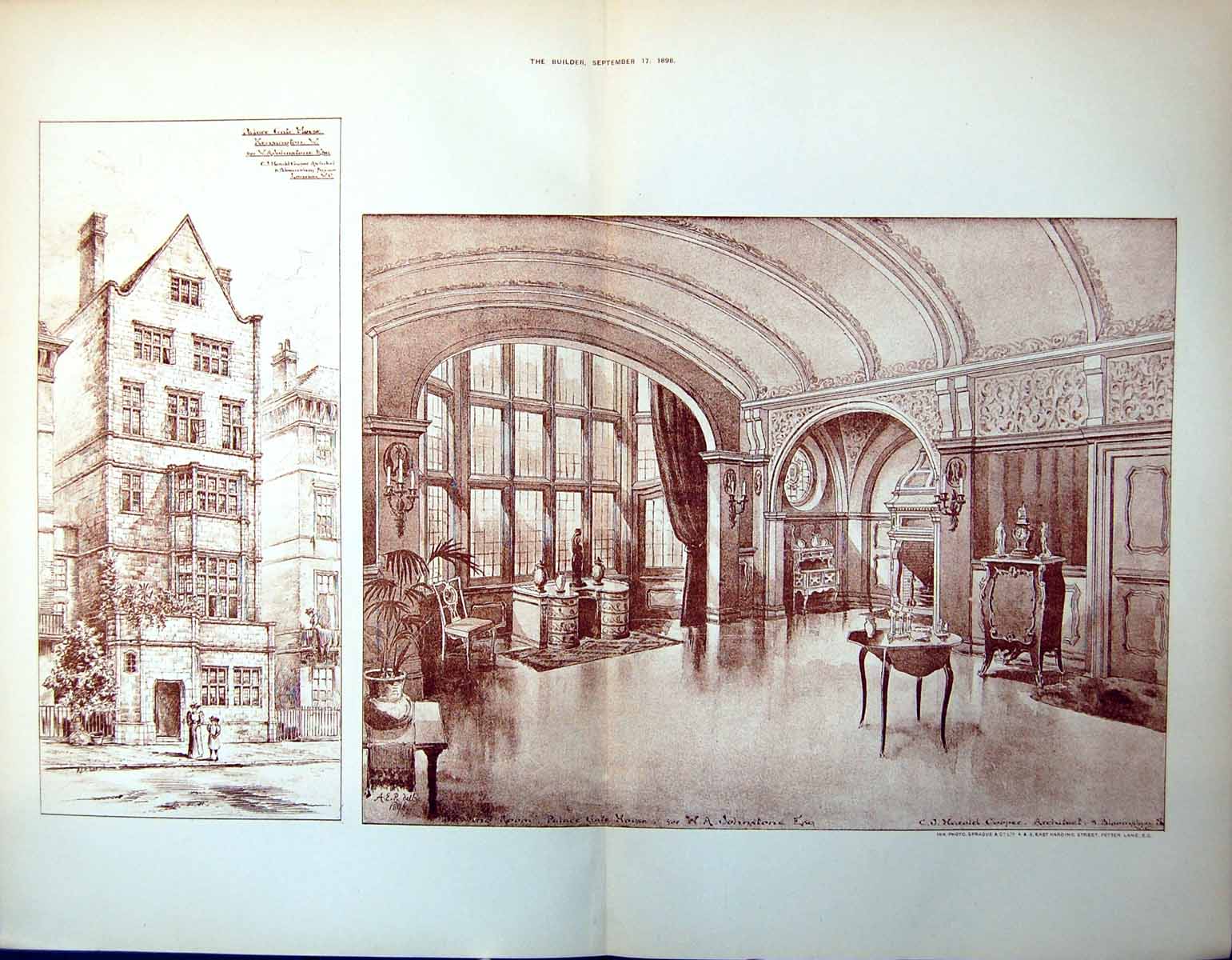 Antique Print Palace Gate House Kensington West Exterior Drawing Room 1898