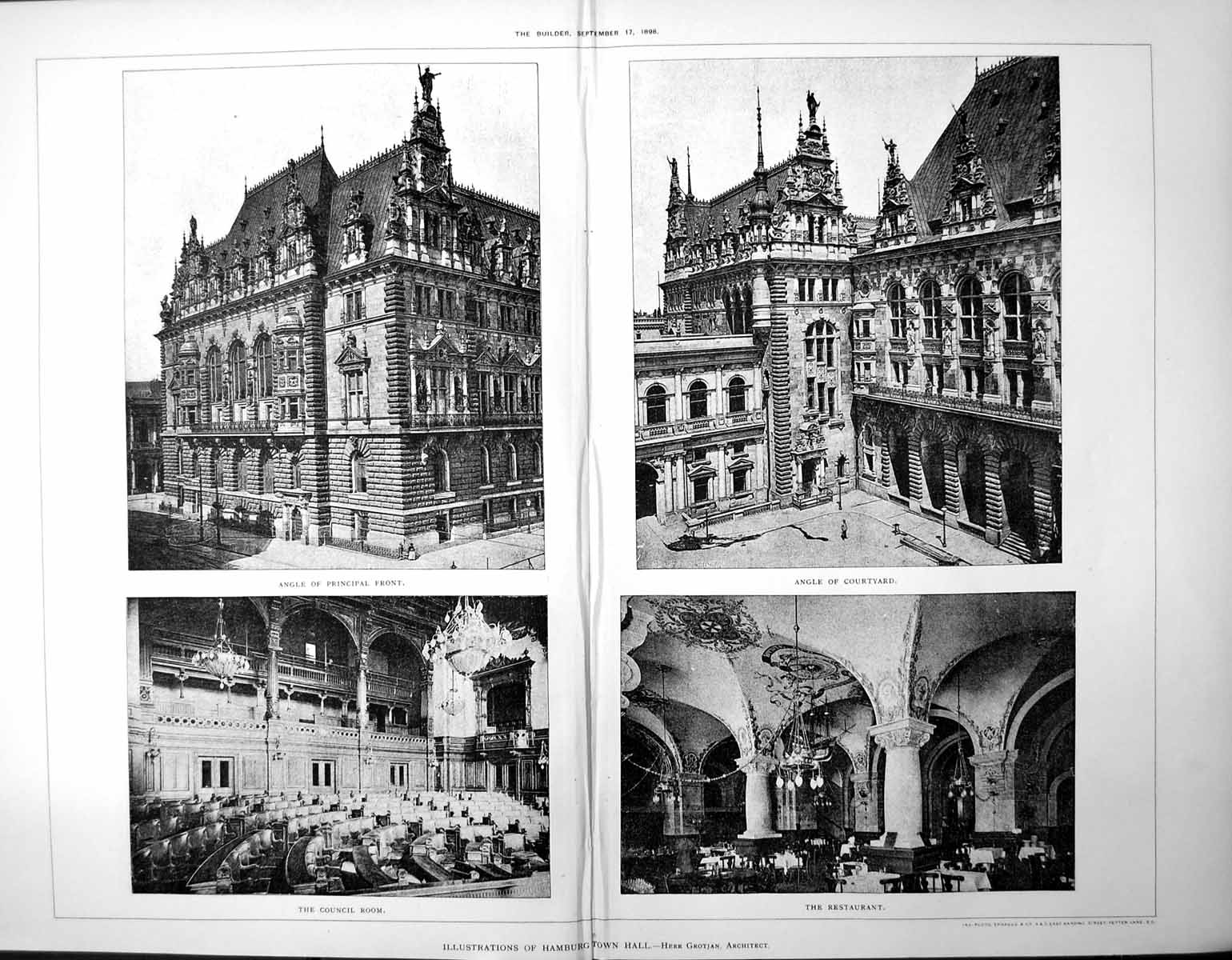 Old Print Hamburg Town Hall Principal Front Courtyard Council Room 1898 19th