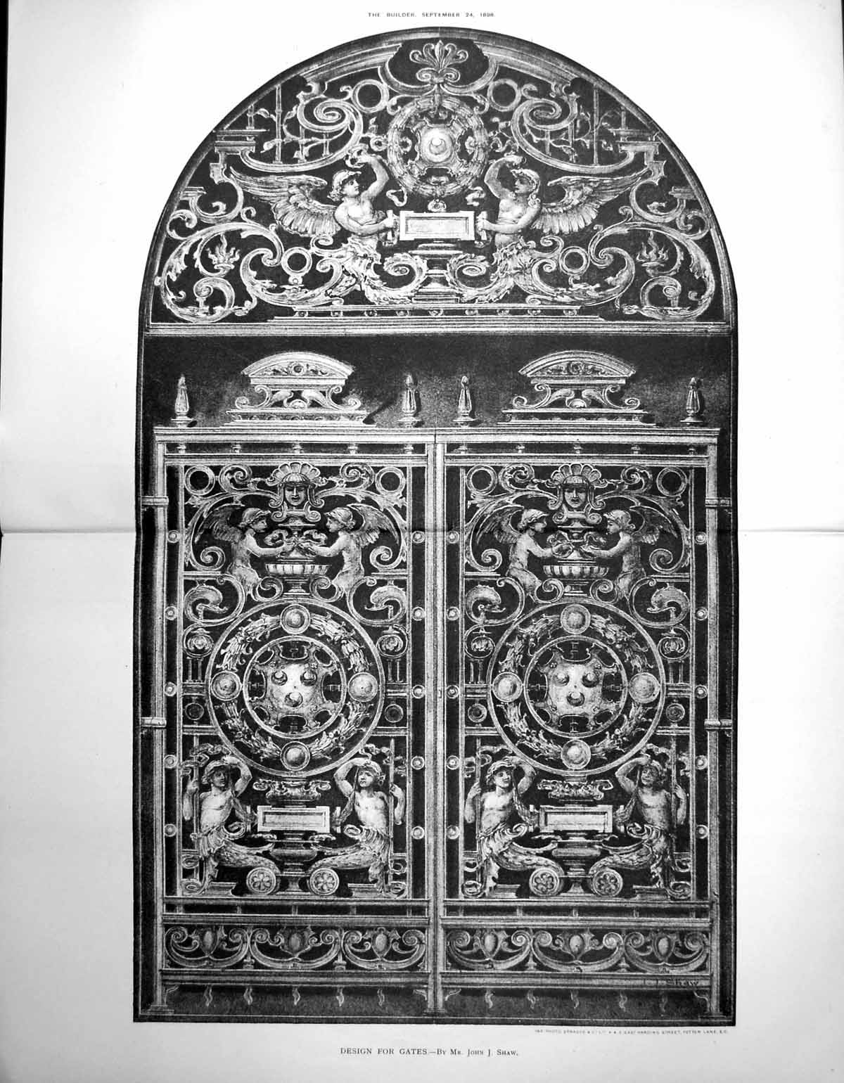 Antique Old Print Design For Gates Mr John J Shaw Winged Beings Scrolls 1898