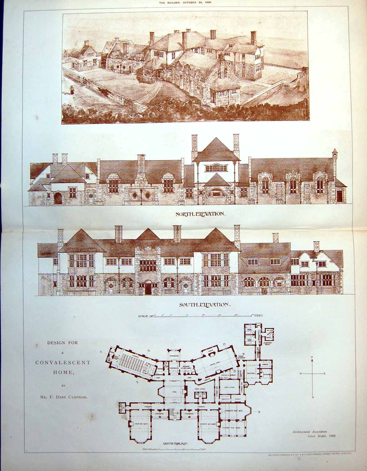 Antique Print Design Convalescent Home Fd Clapham View Elevation Plan 1898