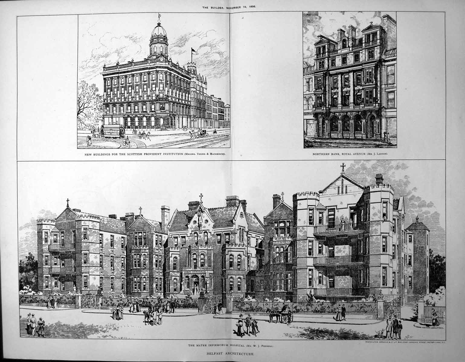 Antique Print Belfast Scottish Provident Northern Bank Mater Hospital 1898