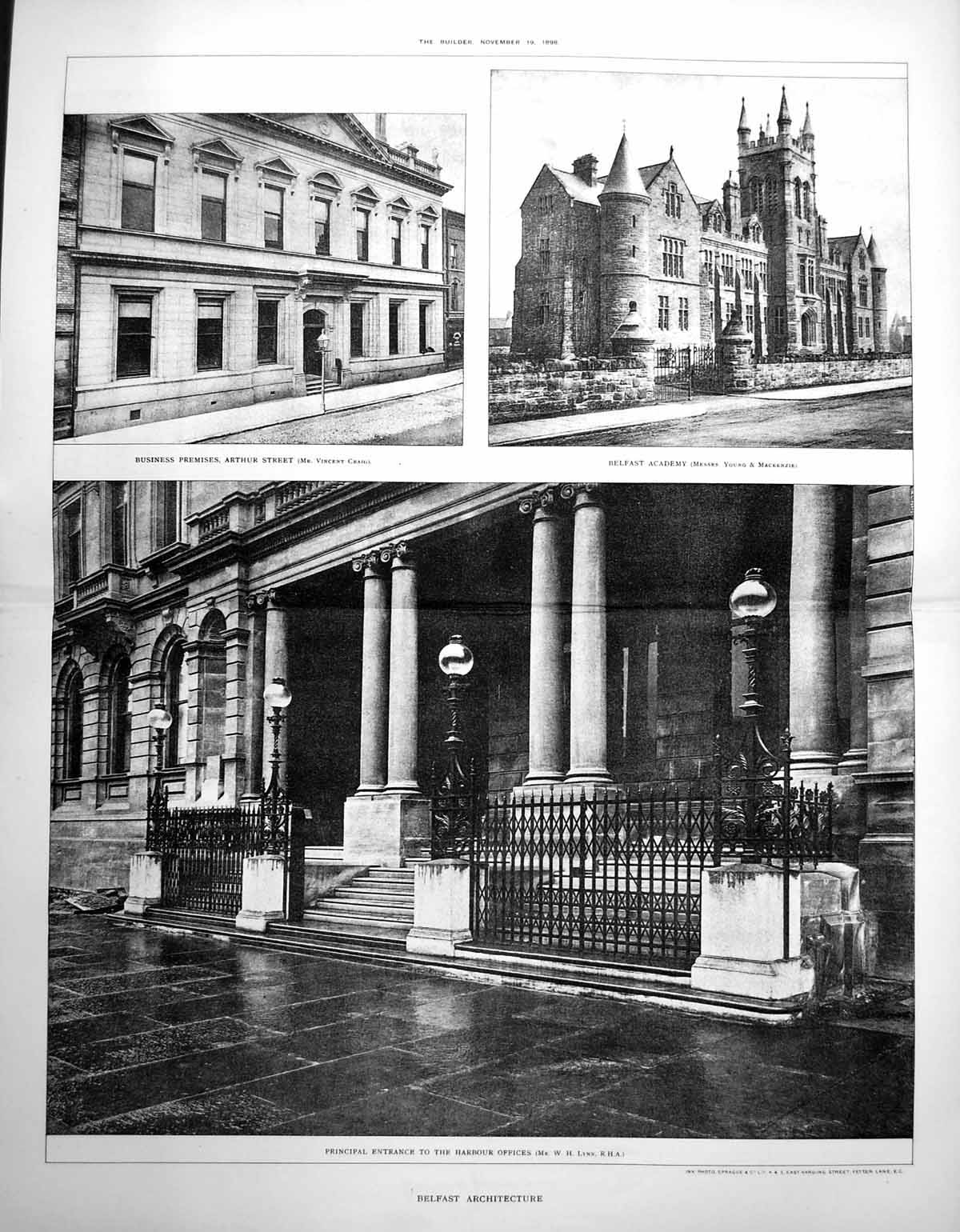 Old Antique Print Belfast Business Premises Academy Harbour Offices 1898 19th