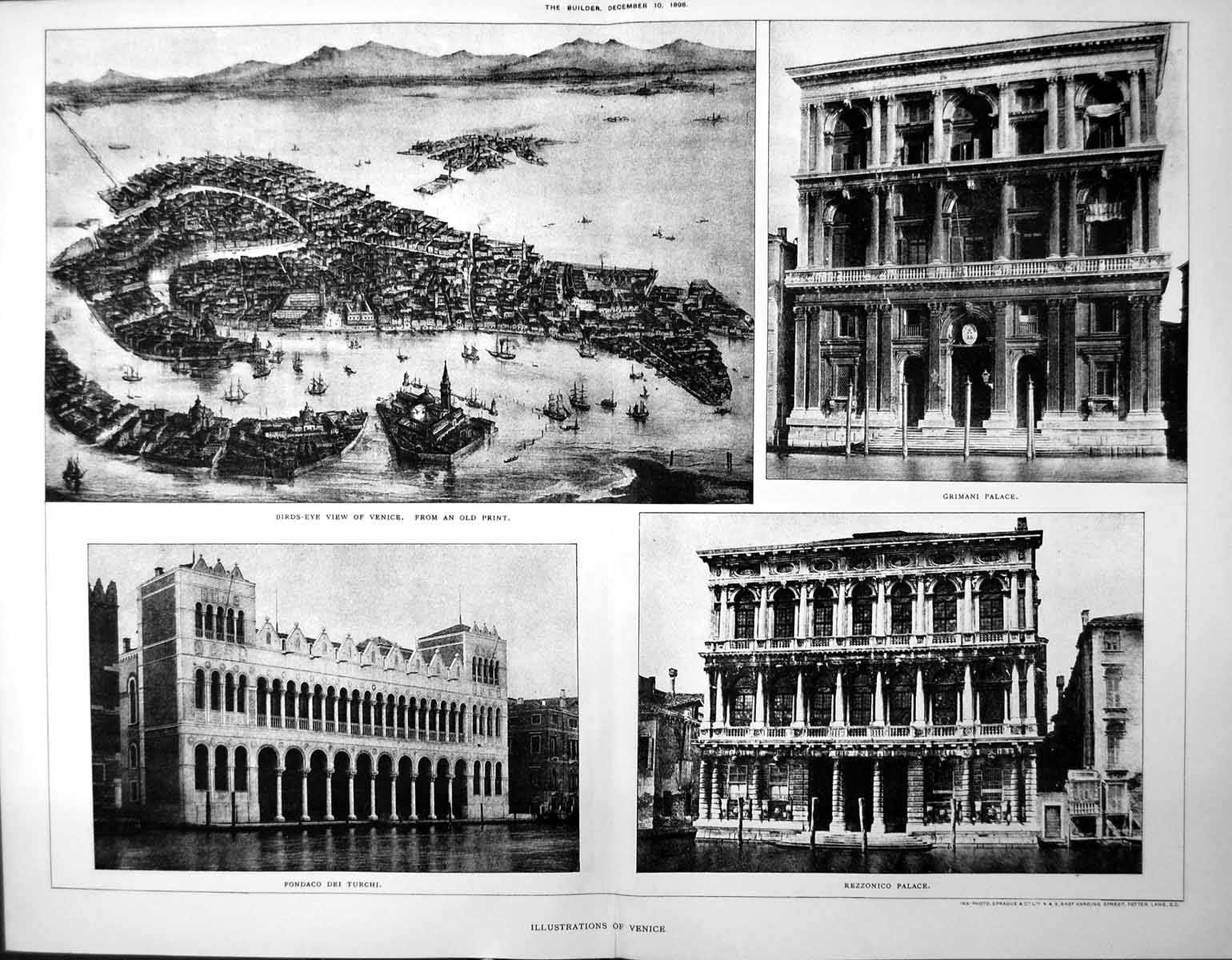 Old Print Venice Bird'S Eye View Grimani Palace Fondaco Dei Turchi 1898 19th