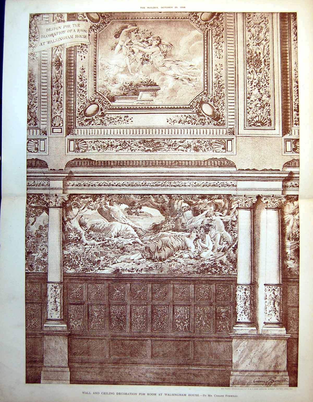 Old Print Wall Ceiling Decoration Room Walsingham House C Formilli 1898 19th