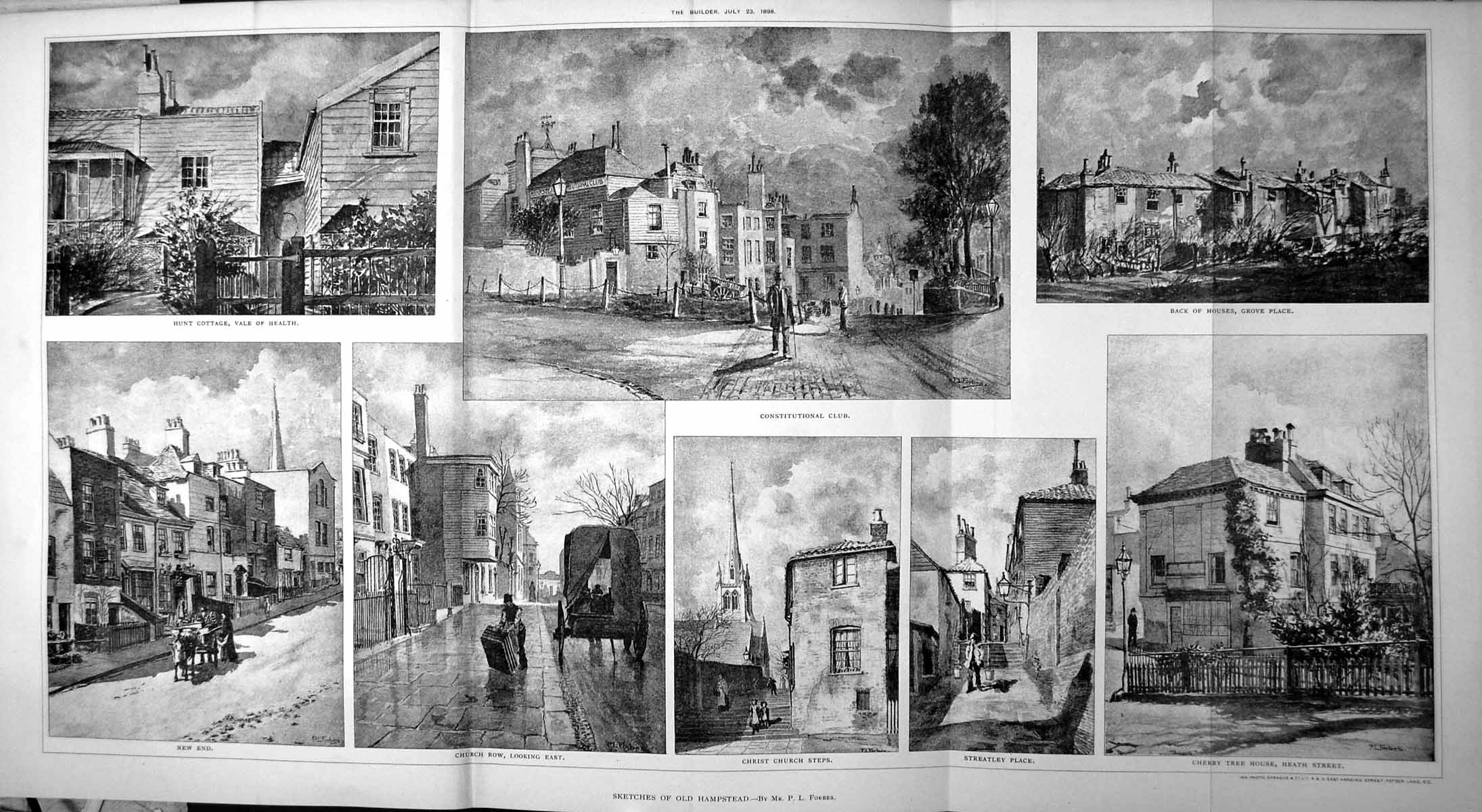Antique Old Print Hampstead Hunt Cottage New End Church Row Streatley 1898