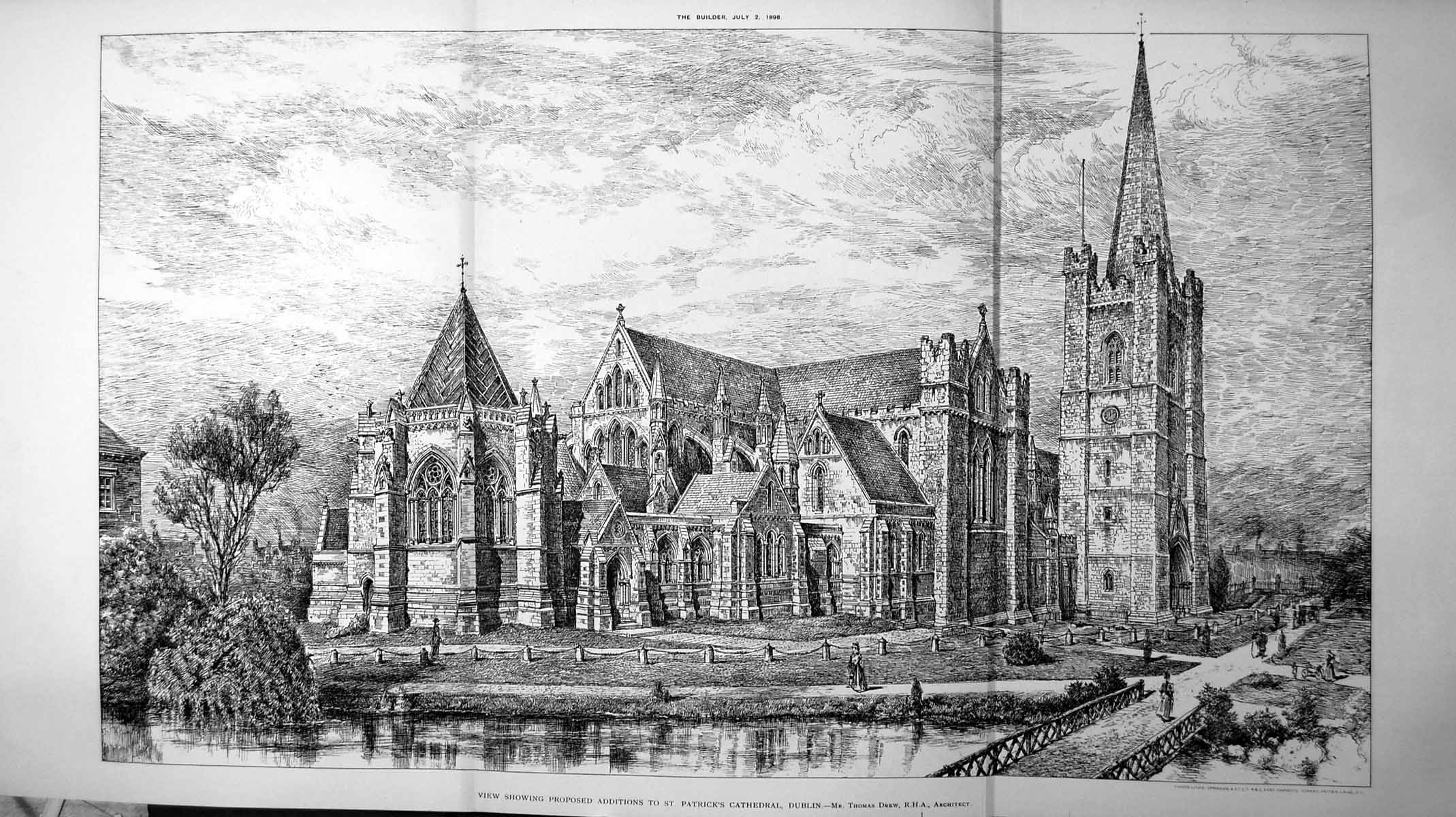 Antique Old Print View Proposed Additions St Patrick'S Cathedral Dublin 1898