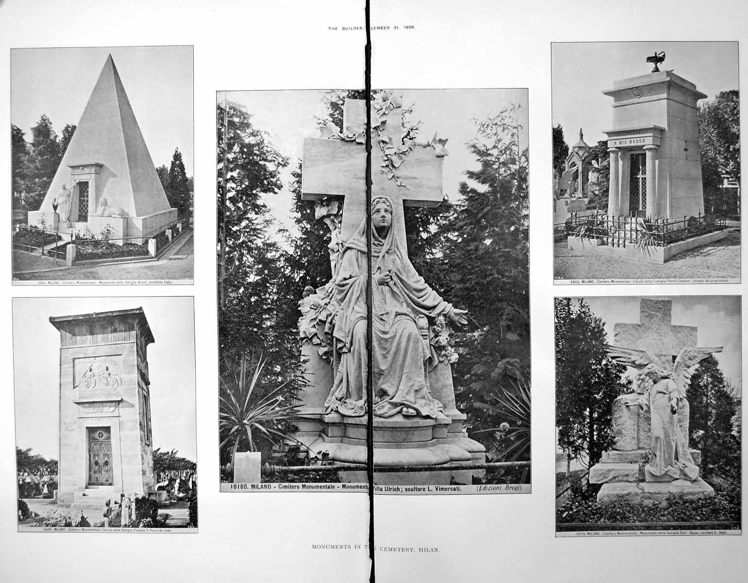 Old Antique Print Damaged Monuments Cemetery Milan Angels Pyramid 1898 19th