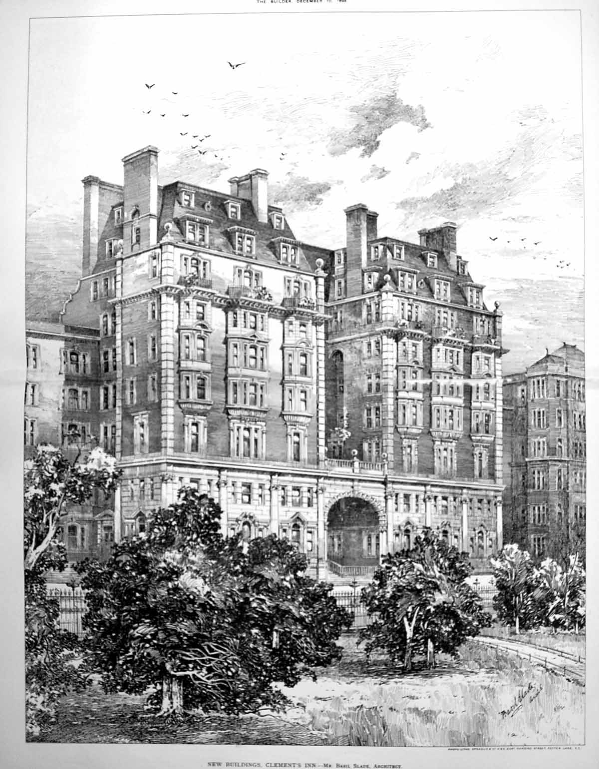 Old Print Damaged New Buildings Clement'S Inn Mr Basil Slade Archt. 1898 19th