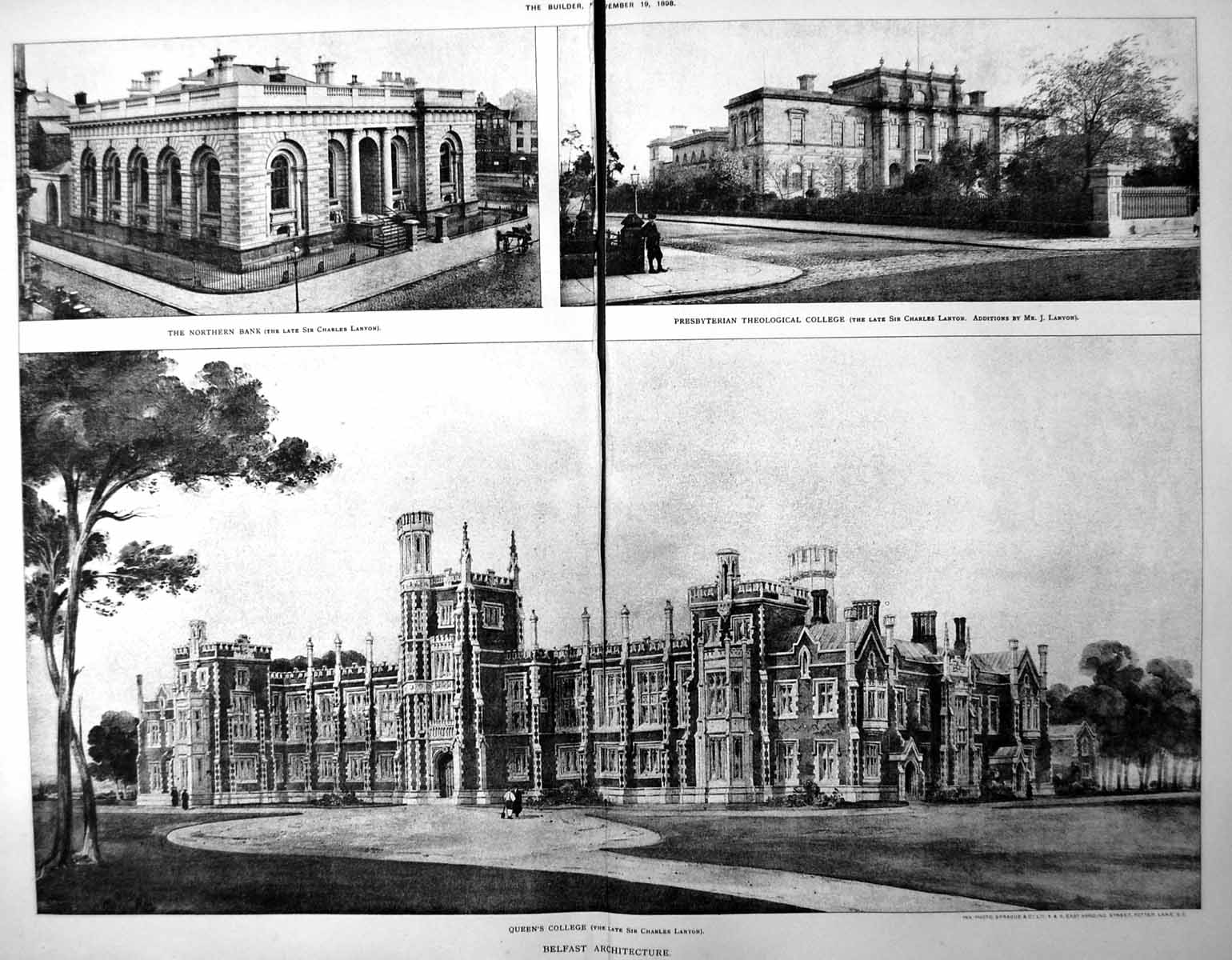 Antique Old Print Damaged Belfast N Bank College Queen'S Presbyterian 1898