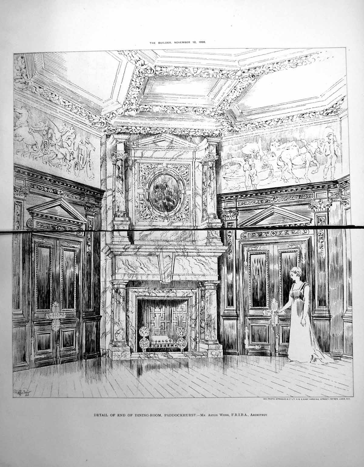 Antique Old Print Damaged Detail End Dining Room Paddockhurst A Webb 1898 19th