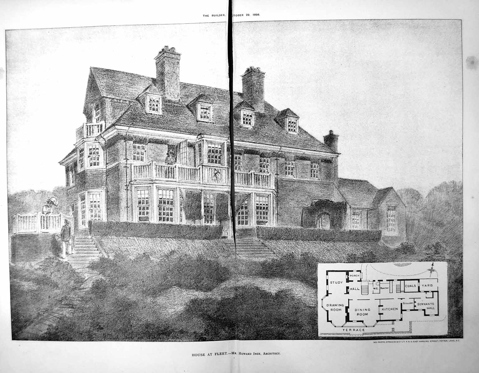 Old Print Damaged House At Fleet Mr Howard Ince Architect Elevation 1898 19th
