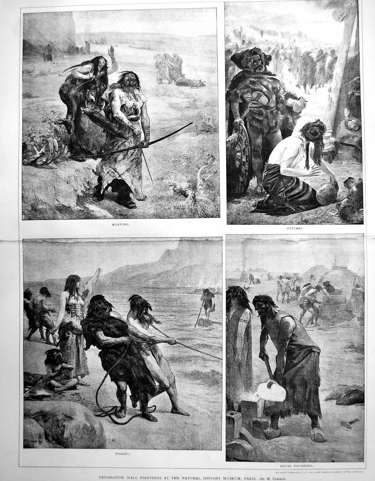 Antique Old Print Damaged Hunting Pottery Fishing Metal Founding Paris 1898