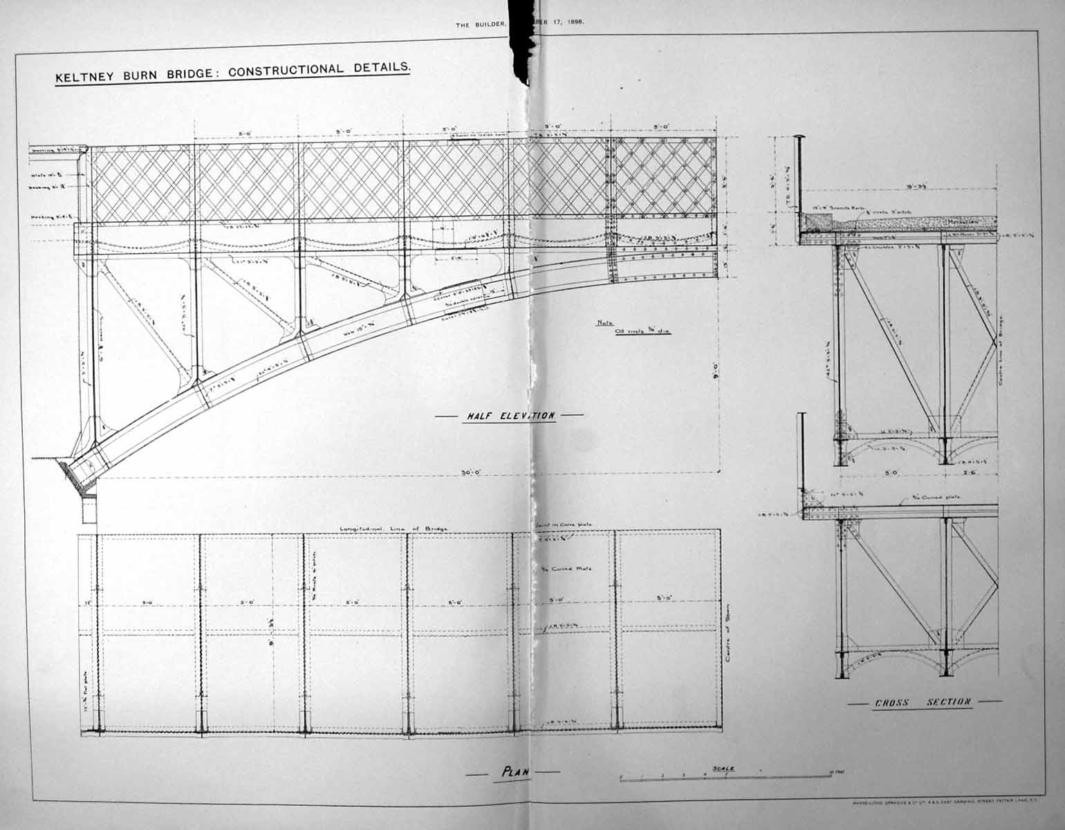 Antique Old Print Damaged Keltney Burn Bridge Constructional Details 1898 19th