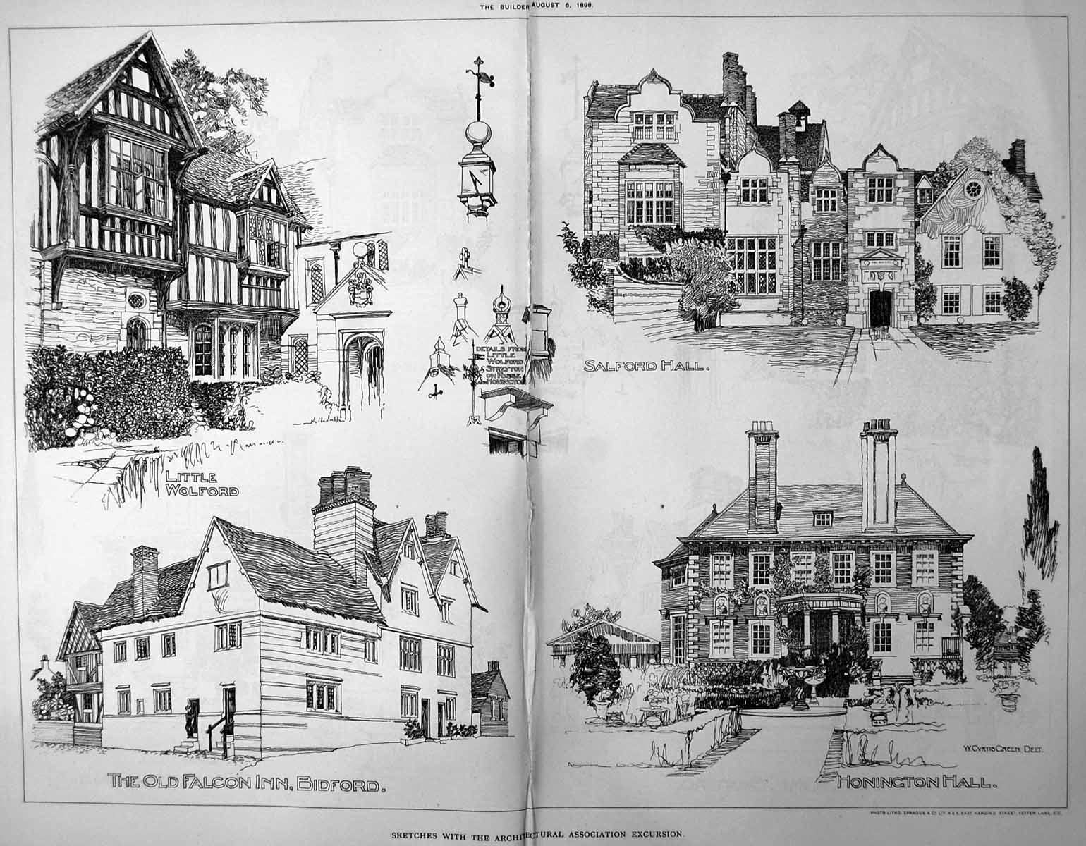 Antique Print Damaged Little Wolford Falcon Inn Bidford Salford Hall 1898 19th