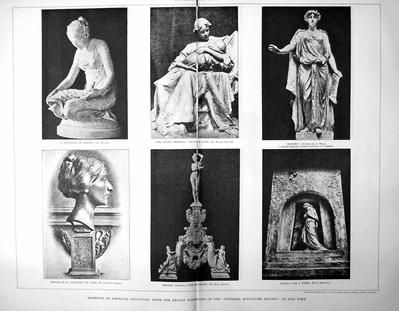 Antique Print Damaged American Sculpture Fountain Plenty Poetry Bust 1898 19th