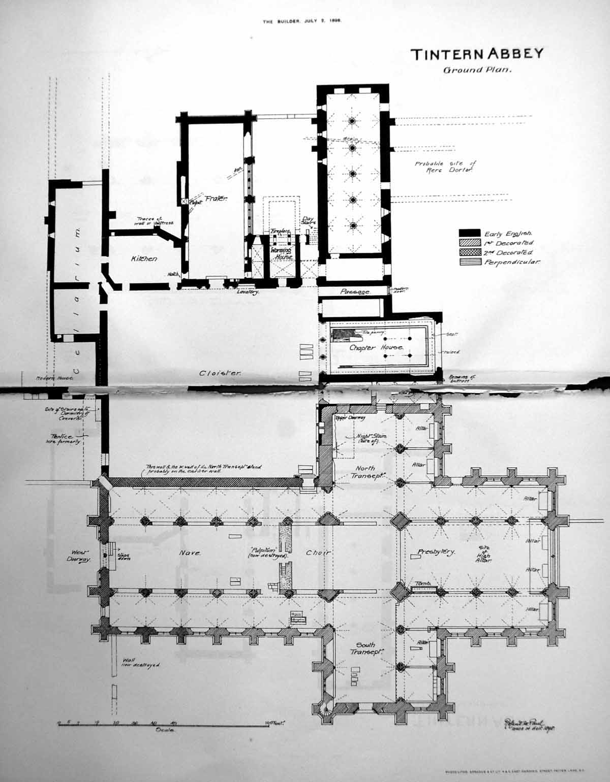 Original Old Antique Print Damaged Tintern Abbey Ground Plan Annotated 1898