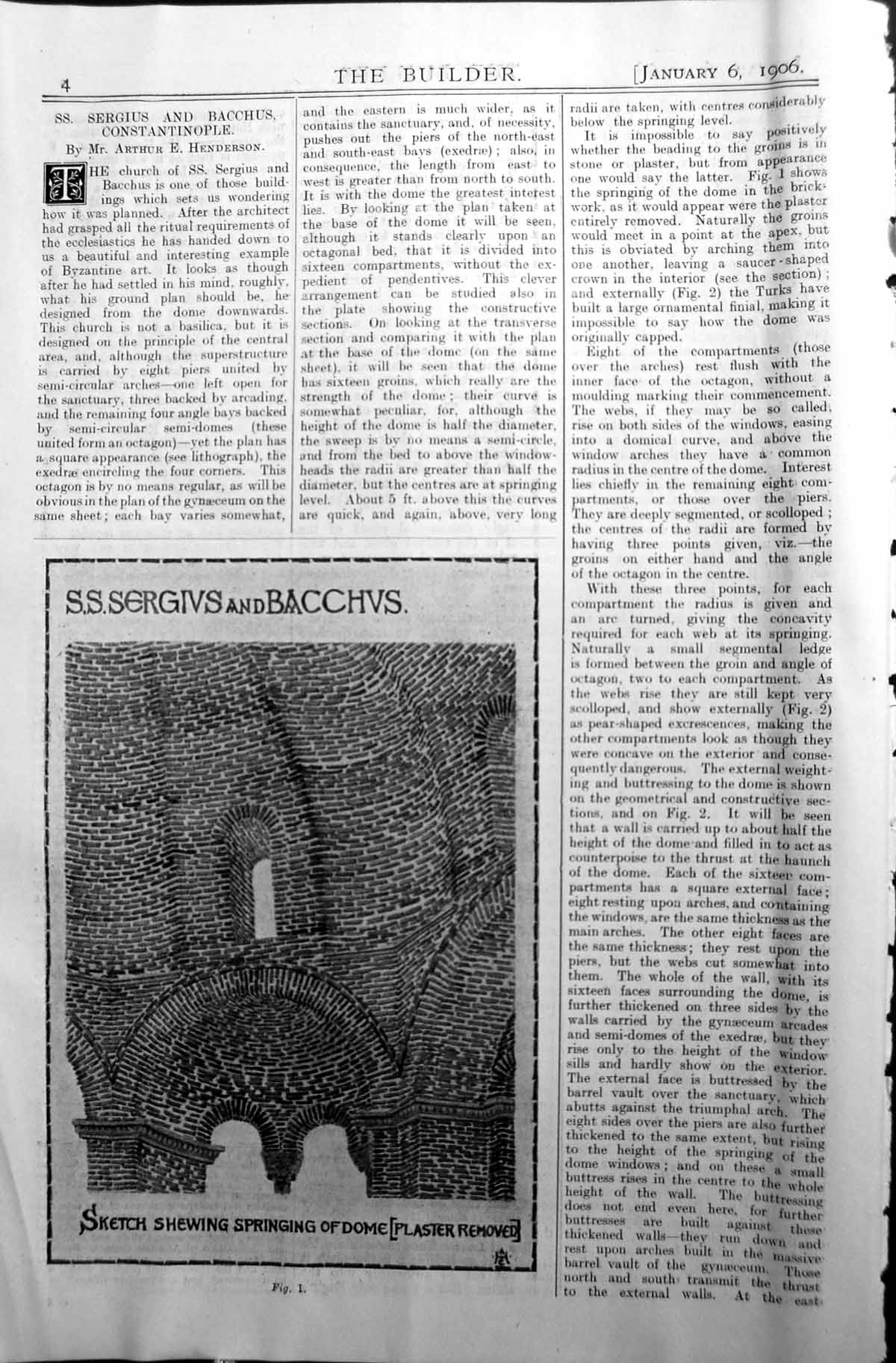 Old Print Architecture 1906 Builder Sergius Bacchus Sletch Springing Dome 20th