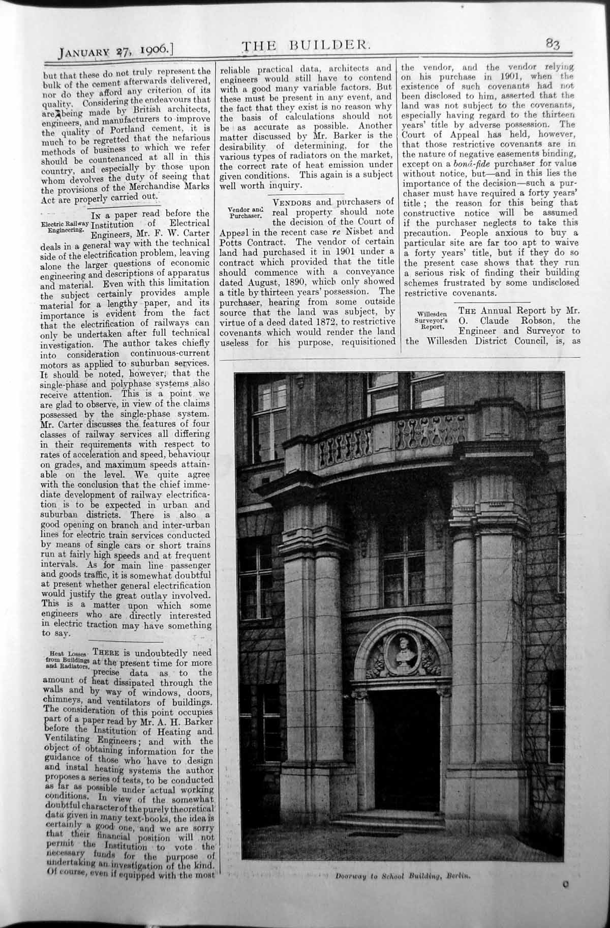 Old Print Architecture 1906 Builder Doorway School Building Berlin Gemany 20th